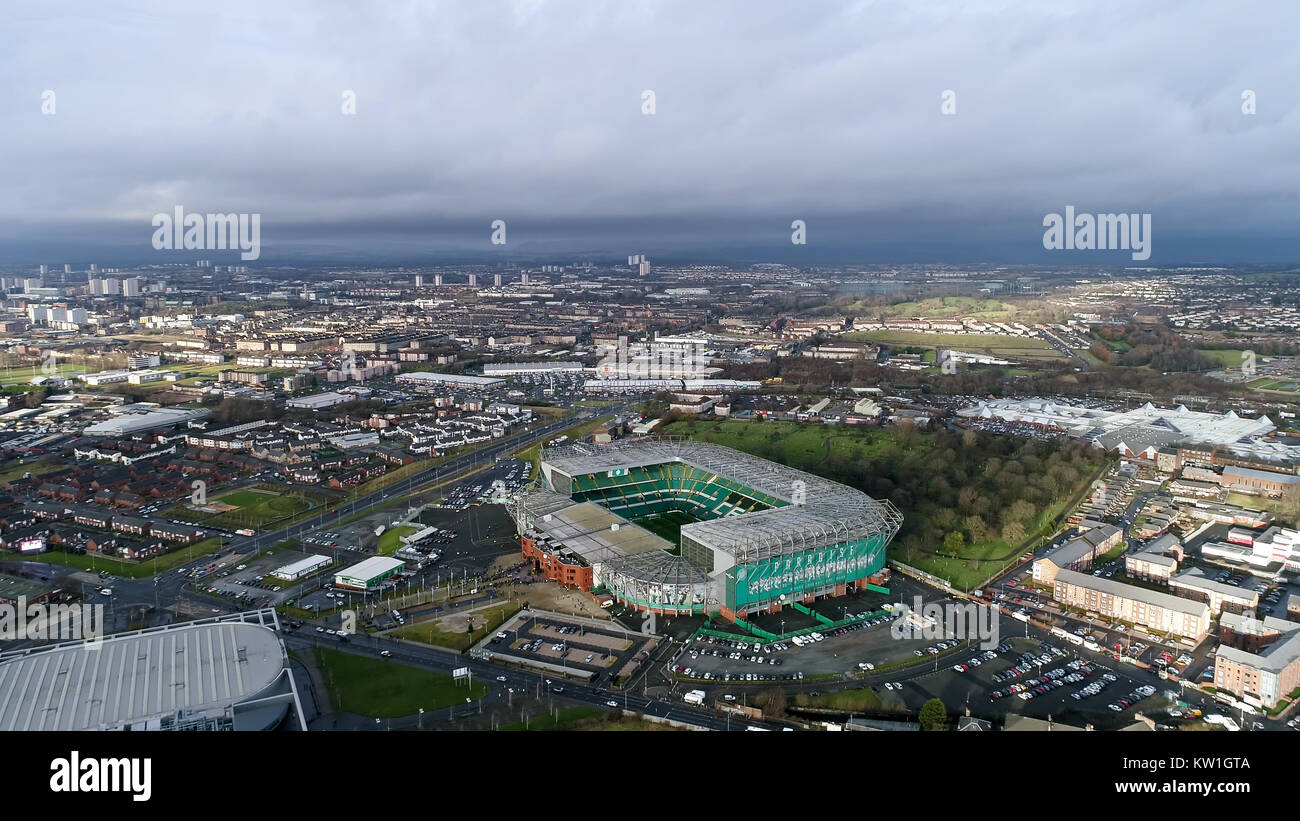 Celtic Park Stadium Soccer Arena. Flying by Helicopter Aerial View Iconic Famous Stadium 'Paradise' in Scotland UK and the Home of Celtic FC Stock Photo