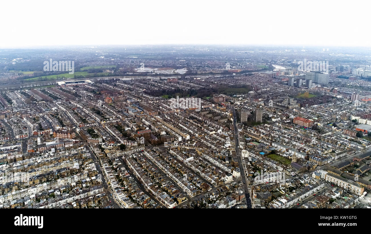 Aerial View of Chelsea, Fulham, West Kensington and Parsons Green in London Cityscape Skyline Drone Shot. Fulham Football Club Stadium Craven Cottage Stock Photo