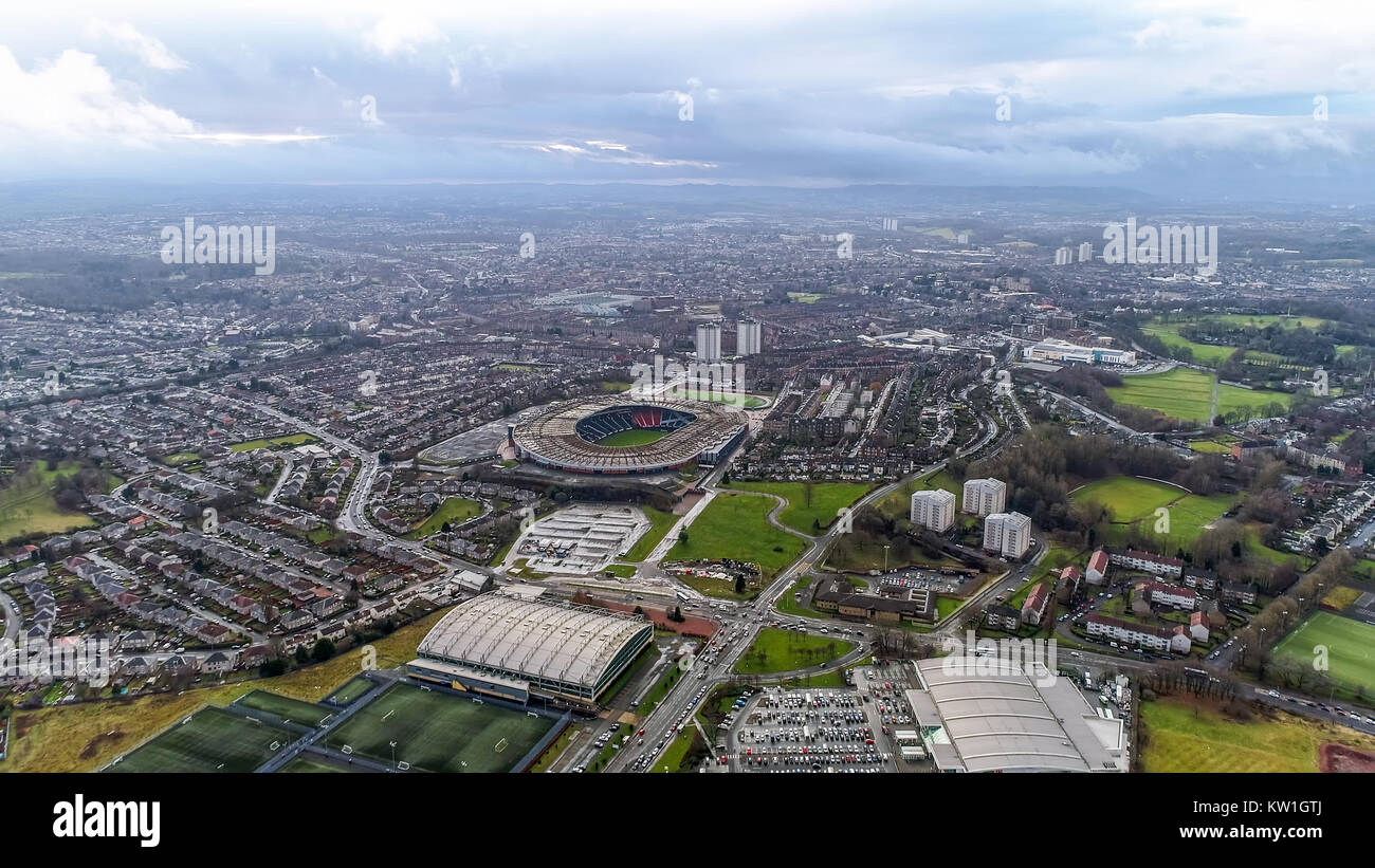 Aerial View Iconic Famous Hampden Park Stadium in Glasgow, Scotland and the Scottish National Football Stadium in United Kingdom Stock Photo
