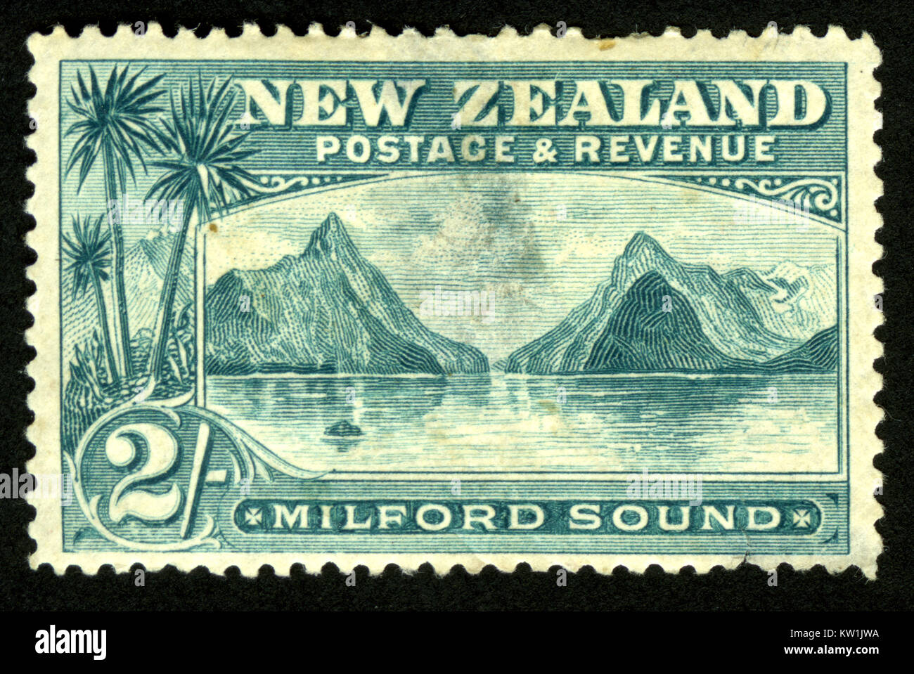 Mitre Peak and Milford Sound, Fiordland, New Zealand, featured on 1898 two shilling stamp Stock Photo
