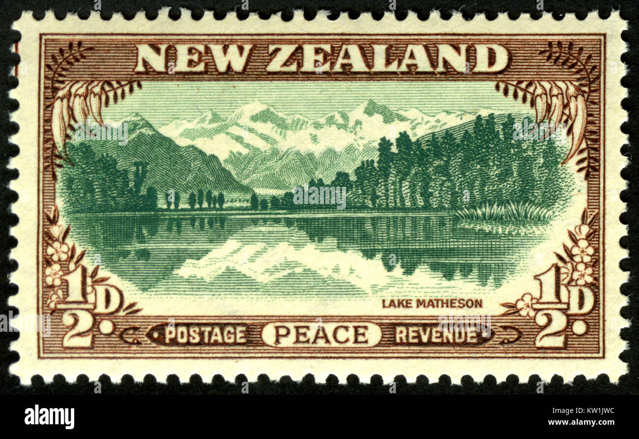 1946 New Zealand half penny peace stamp featuring Lake Matheson, Westland, New Zealand Stock Photo
