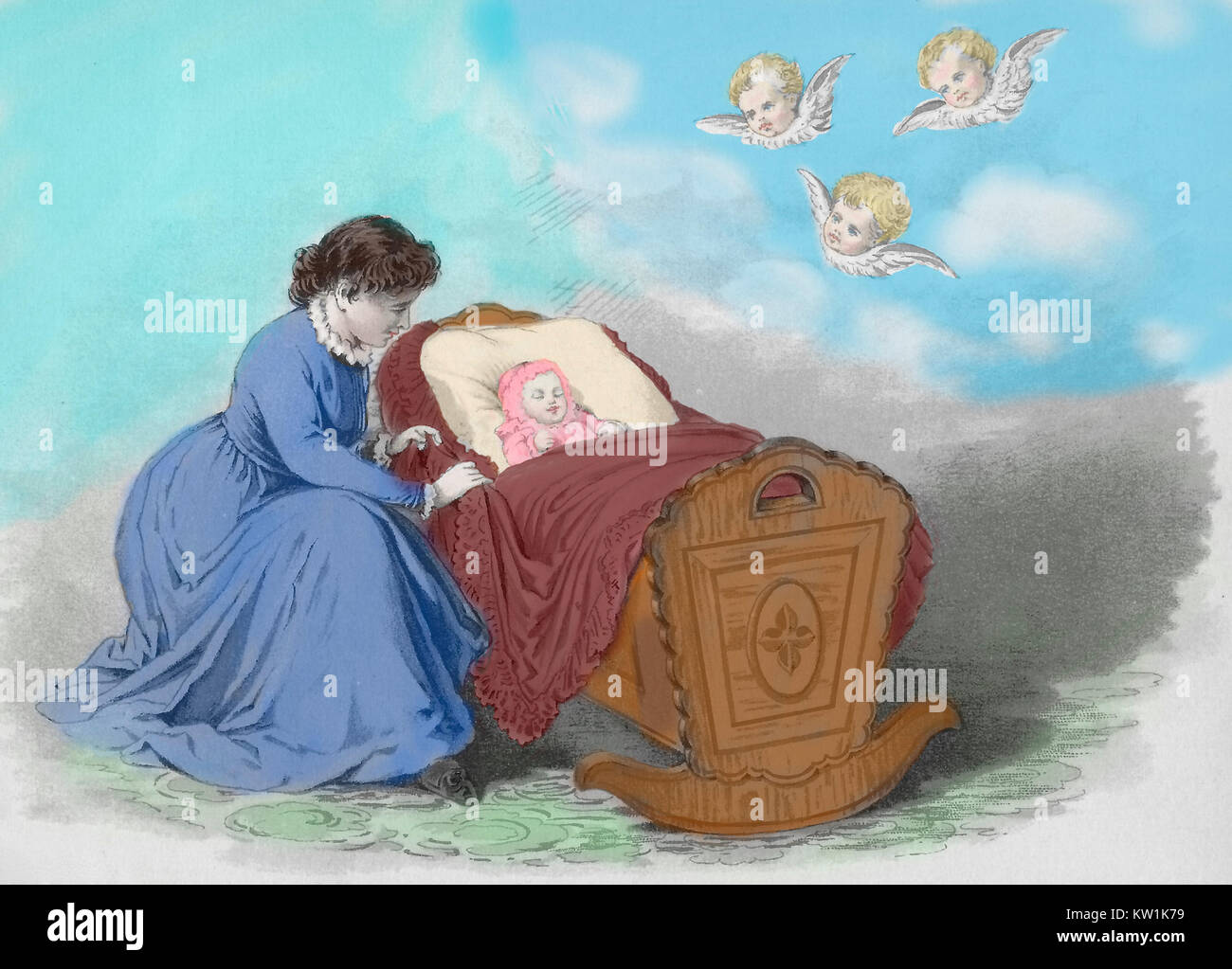 A colorized illustration of a Victorian Era woman rocking her baby to sleep while angels look on Stock Photo