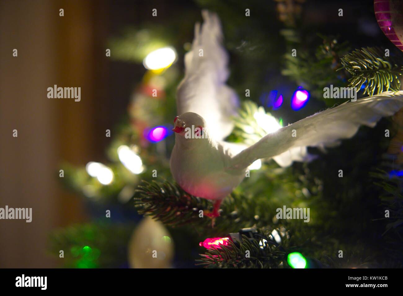 White dove Christmas tree ornament with wings spread in front of lit branches Stock Photo Alamy