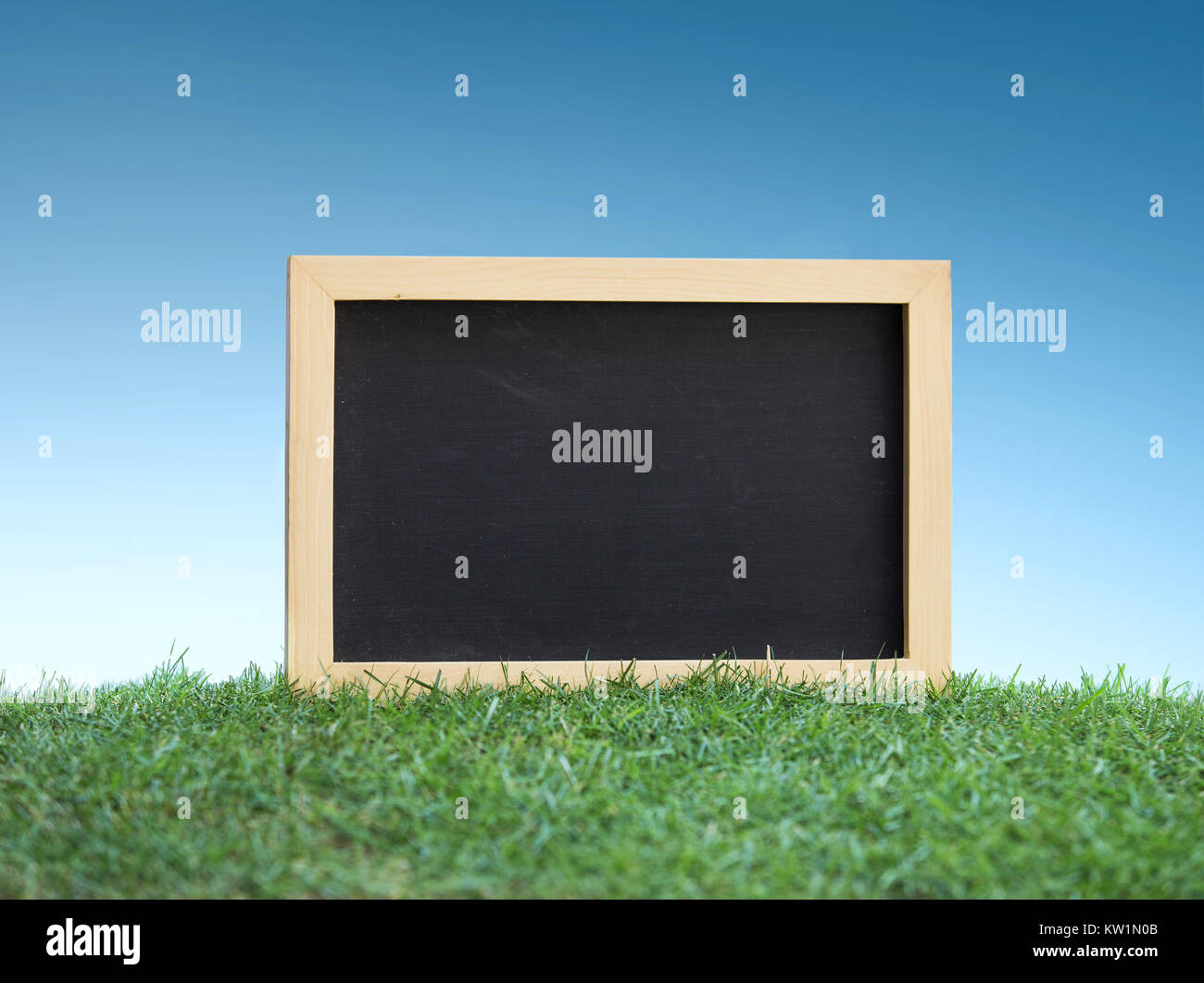 Mini black chalkboard on green grass Stock Photo