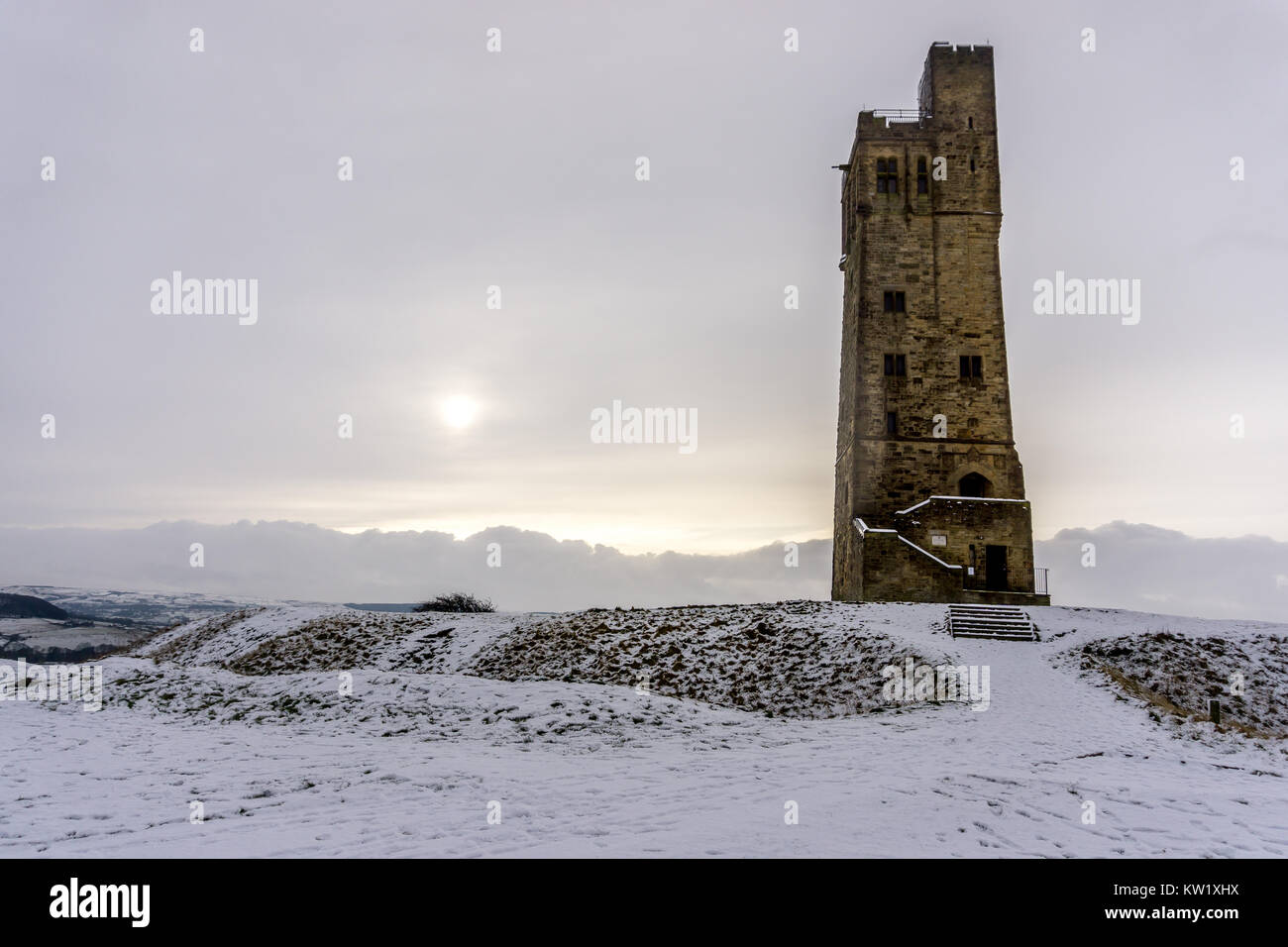 Footprints in the snow at Castle Hill, Huddersfield, West Yorkshire, UK. Stock Photo