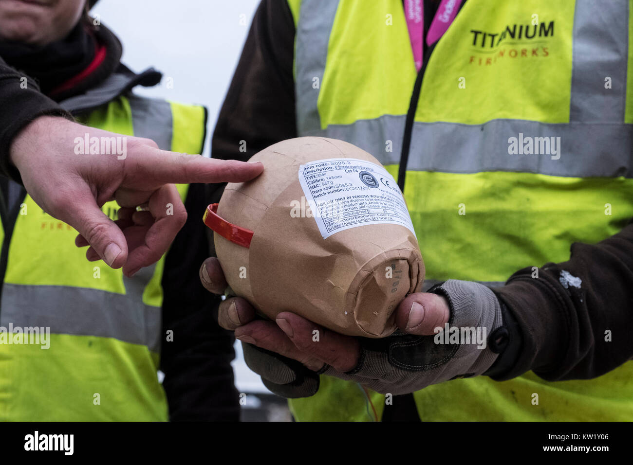 Edinburgh, Scotland, United Kingdom. 29th Dec, 2017. Pyrotechnicians from Titanium Fireworks demonstrate large fireworks and launching tubes at Edinburgh Castle ahead of the annual Hogmanay fireworks display on New Years Eve. Here a 150mm shell is shown. This is the largest shell used in the display. Credit: Iain Masterton/Alamy Live News Stock Photo