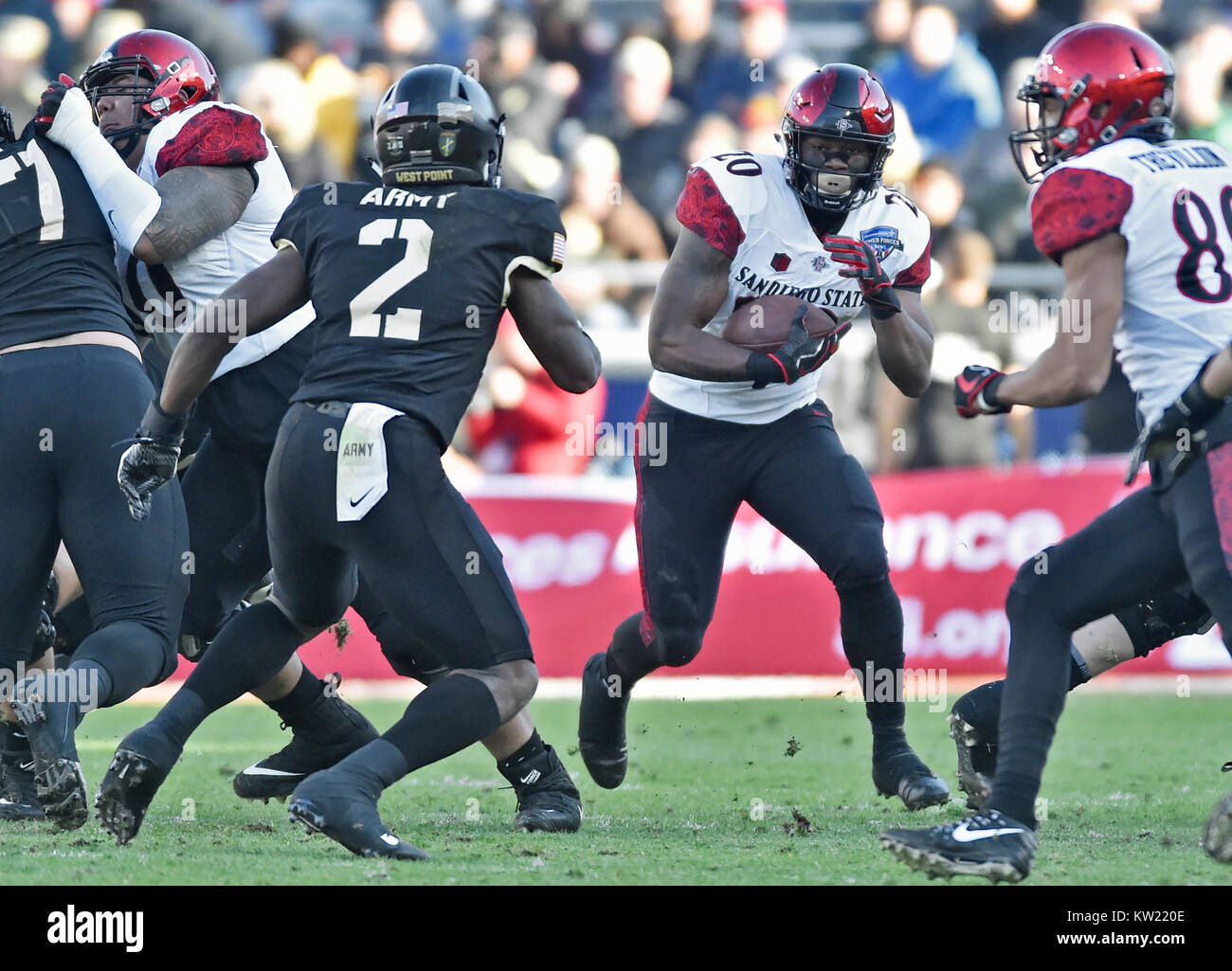 December 23, 2017 - San Diego State running back Rashaad Penny (20) looks for an open hole during the first quarter of a NCAA college football game against Army in the Lockheed Martin Armed Forces Bowl at Amon G. Carter Stadium in Fort Worth, Texas. Army won 42-35. Austin McAfee/CSM Stock Photo