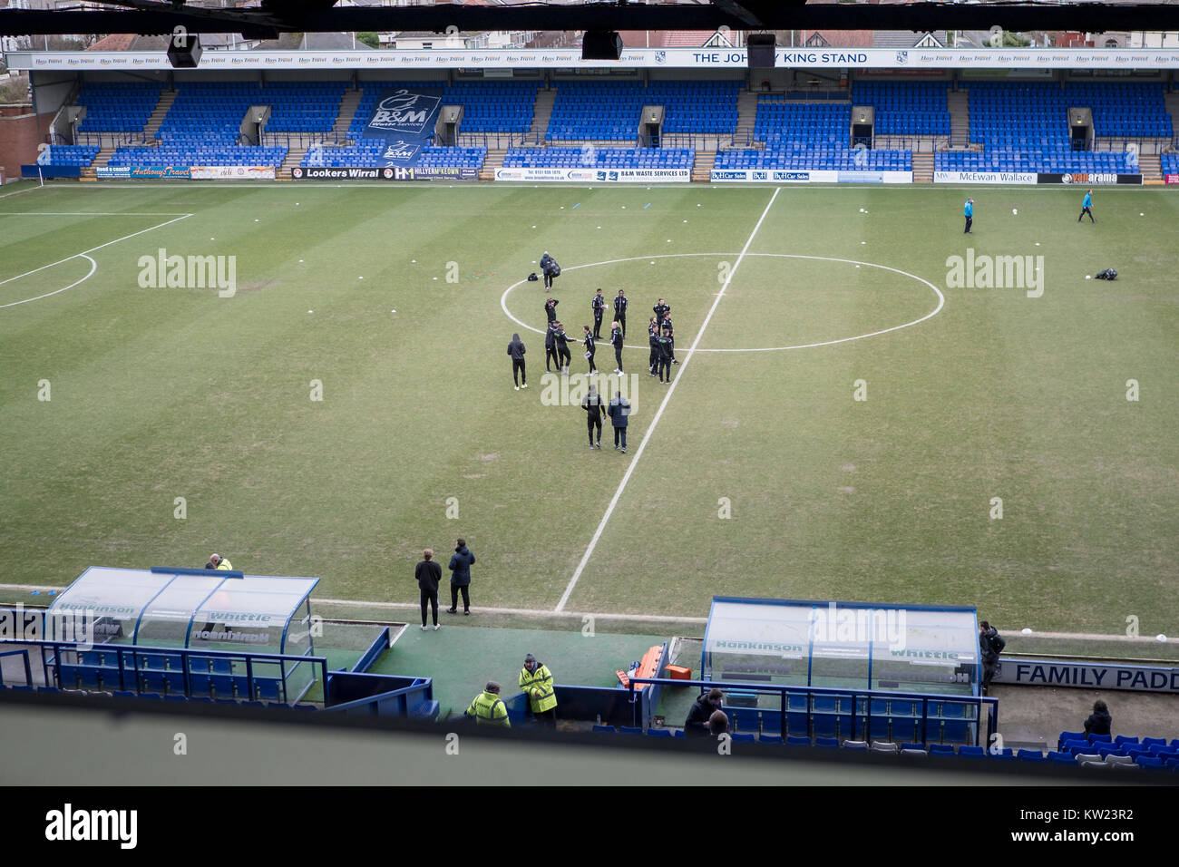 Tranmere, Merseyside, UK. 30th December, 2017. View from the press box: The players have arrived and are out inspecting the pitch before Tranmere Rovers v Guiseley AFC in the Vanarama National League game on Saturday 30 December 2017 at Prenton Park, Tranmere, The Wirral, Merseyside. Photo by Mark P Doherty/Alamy Live News Stock Photo