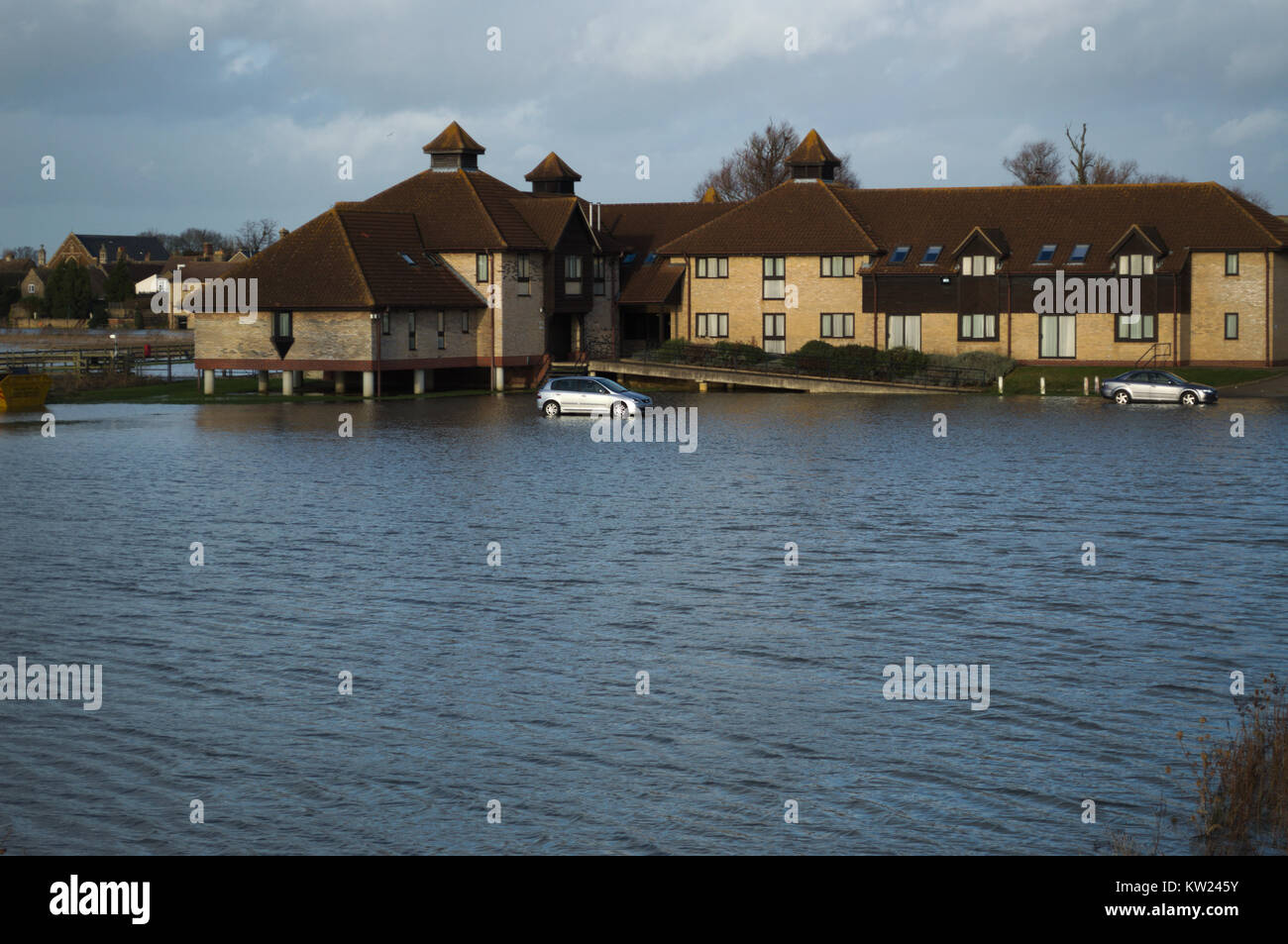 30 December 2017 St Ives Cambridge uk Cars Stranded in hotel car park as river Ouse floods Stock Photo