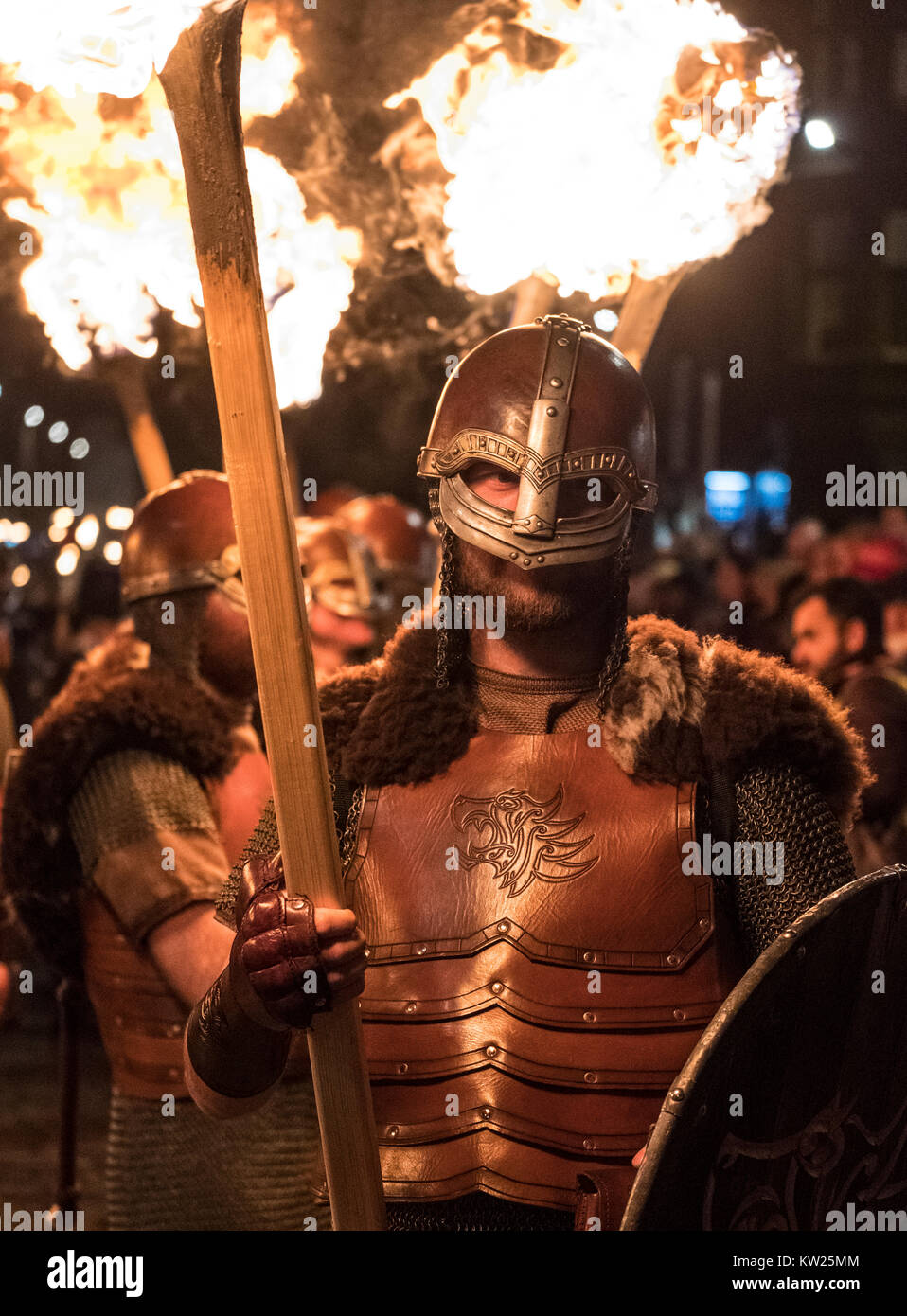 Edinburgh, Scotland,United Kingdom. 30 December, 2017. Members of legendary Up Helly Aa Vikings from Shetland, in full costume and with flaming torches before Torchlight Procession which forms one part of Edinburgh's Hogmanay celebrations. Credit: Iain Masterton/Alamy Live News Stock Photo