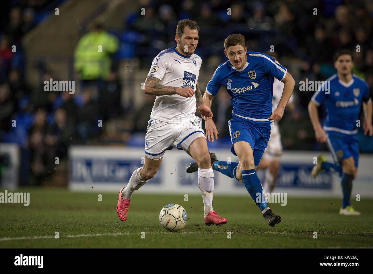 Wirral, Merseyside, UK. 30th December, 2017. James Norwood (Tranmere Rovers) runs through on goal to score during Tranmere Rovers v Guiseley AFC in the Vanarama National League game on Saturday 30 December 2017 at Prenton Park, Tranmere, The Wirral, Merseyside. Photo by Mark P Doherty. Credit: Caught Light Photography Limited/Alamy Live News Stock Photo