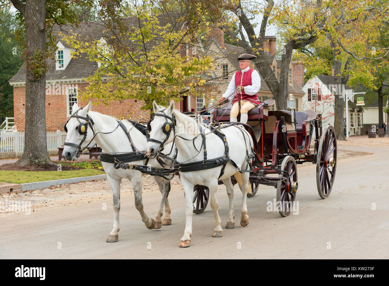 Colonial Williamsburg horse-drawn carriage on Duke of Gloucester Street Stock Photo