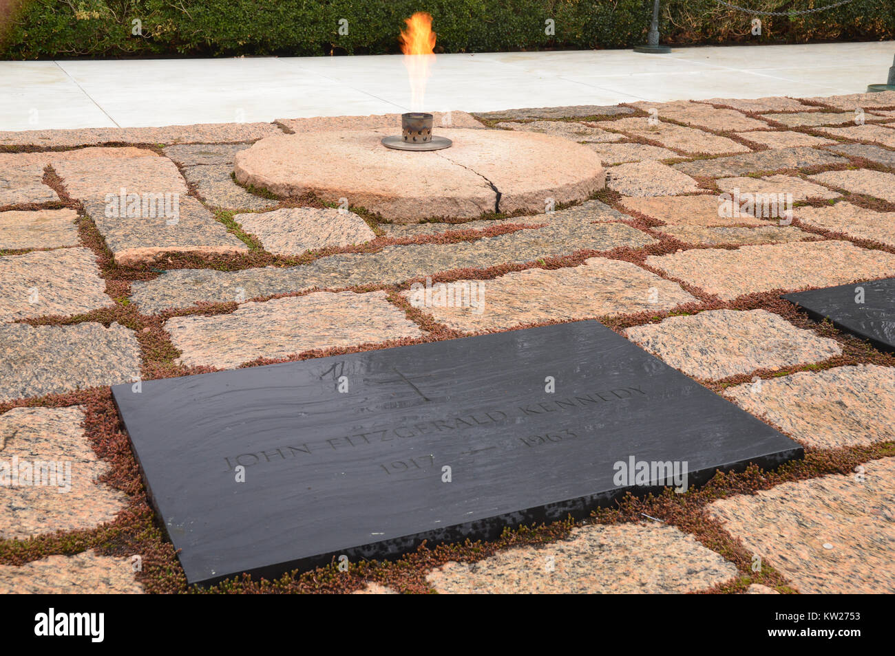 The Eternal Flame burns at the grave of President John F Kennedy in Arlington National Cemetery. Stock Photo