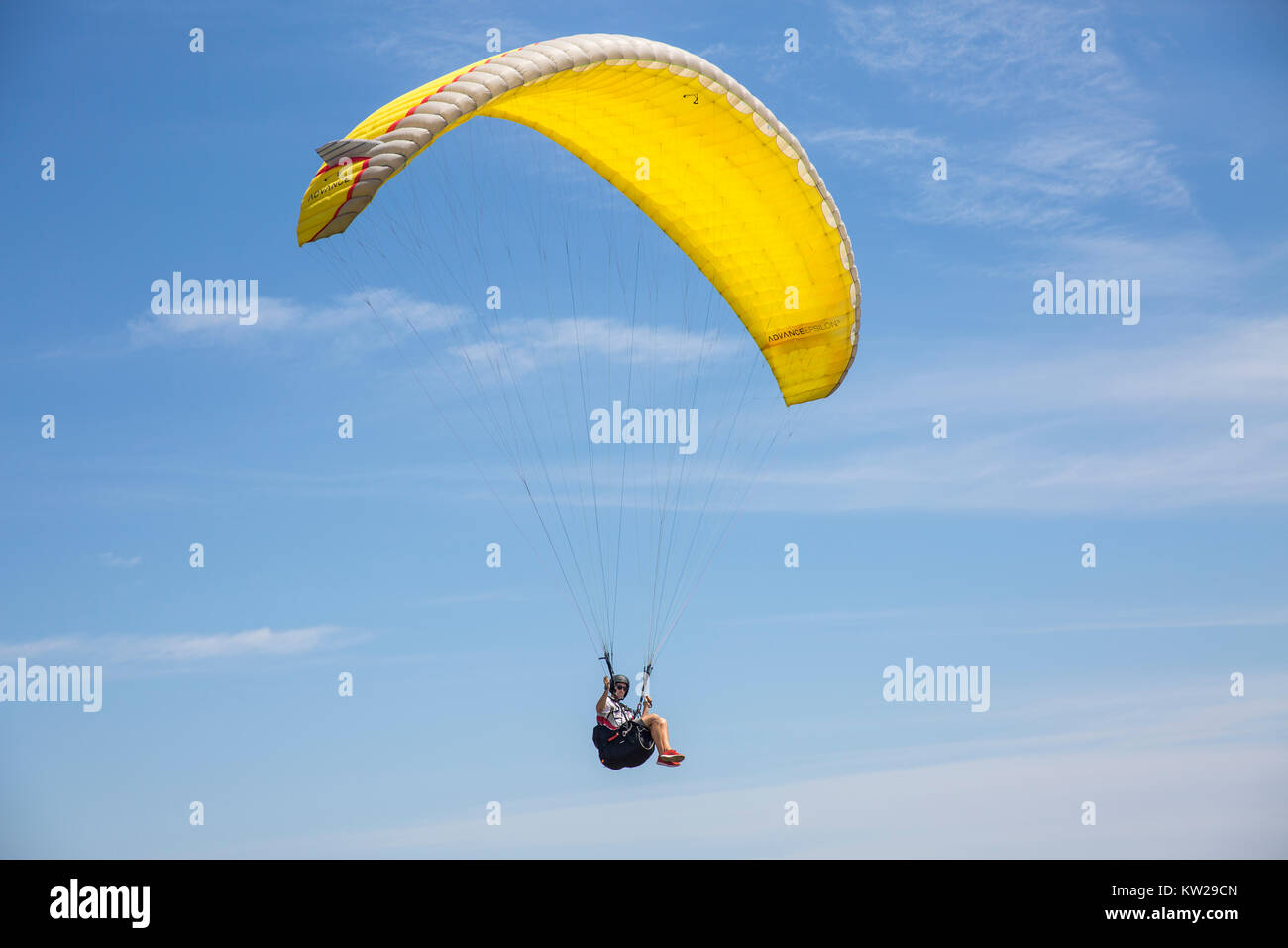 Man enjoying paragliding above Long Reef Point on Sydney northern beaches,NSW, Australia, yellow canopy against blue sky Stock Photo