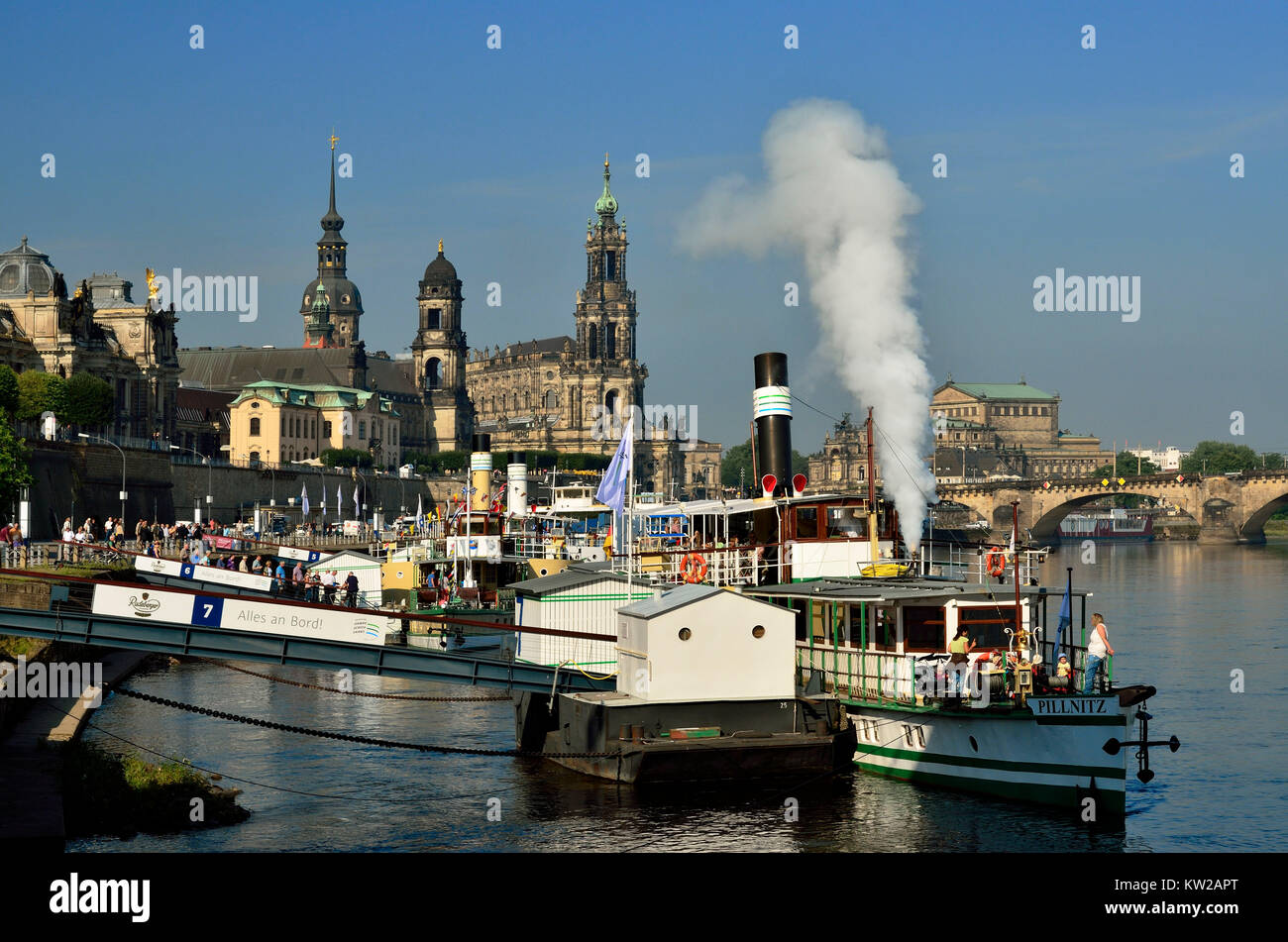 Dresden, putting away steamboat on the terrace shore, ablegender Dampfer am Terrassenufer Stock Photo