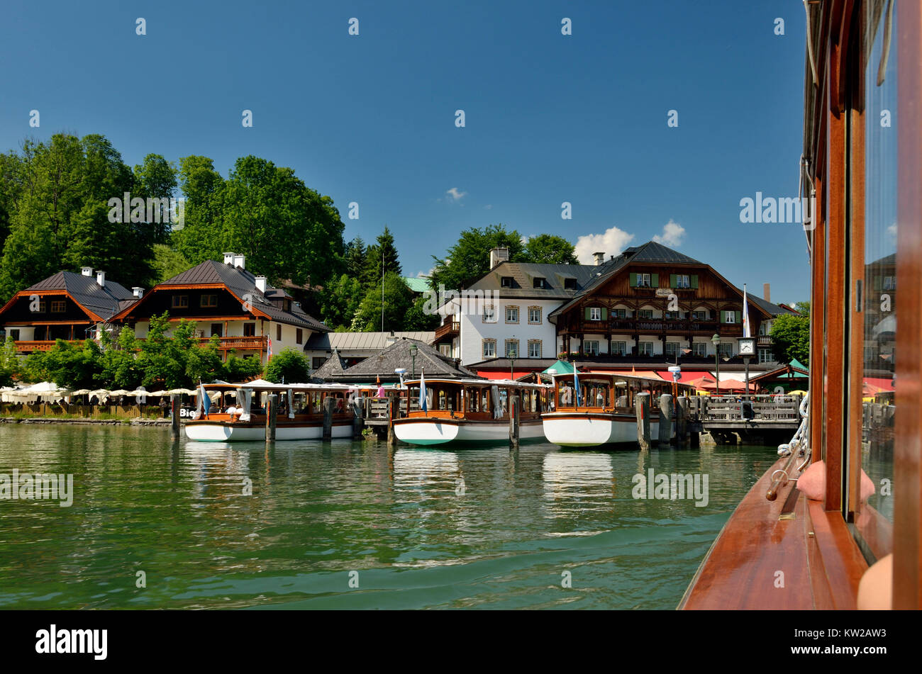Berchtesgadener country, king's lake, electric boats in the boat investor Seel?nde , Berchtesgadener Land, Königsee, Elektroboote am Bootsanleger Seel Stock Photo