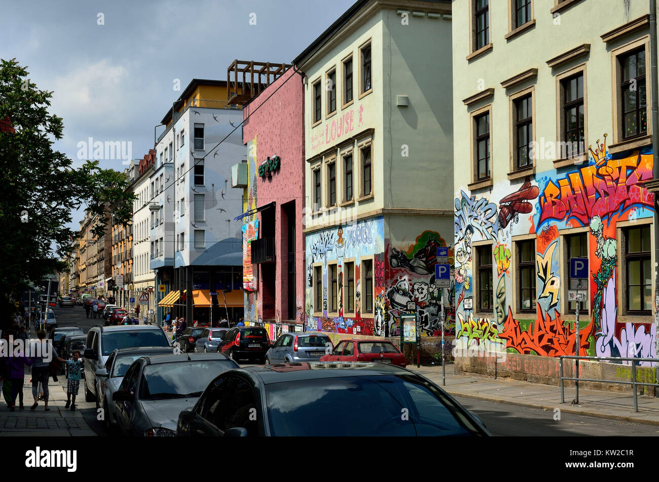 Dresden, coloured republic Neustadt, alum quarter, Bunte Republik Neustadt, Alaunviertel Stock Photo