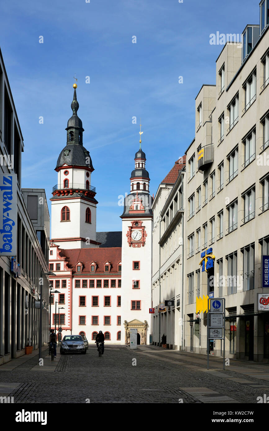 Chemnitz, lane Bret to the market with old city hall, Bretgasse zum Markt mit Altem Rathaus Stock Photo