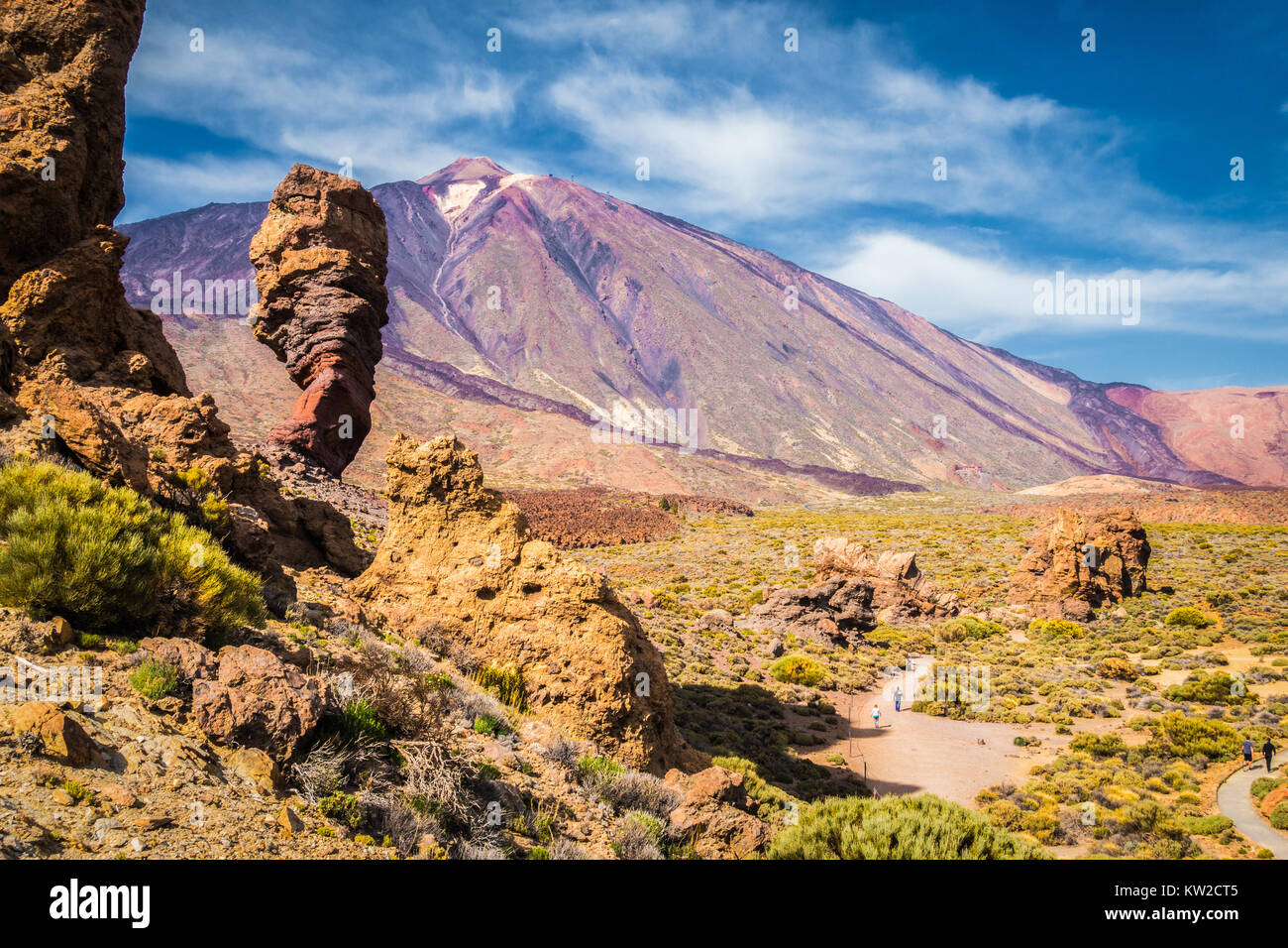 Famous Roque Cinchado unique rock formation with famous Pico del Teide mountain volcano summit in the background on a sunny day, Tenerife, Canaries Stock Photo