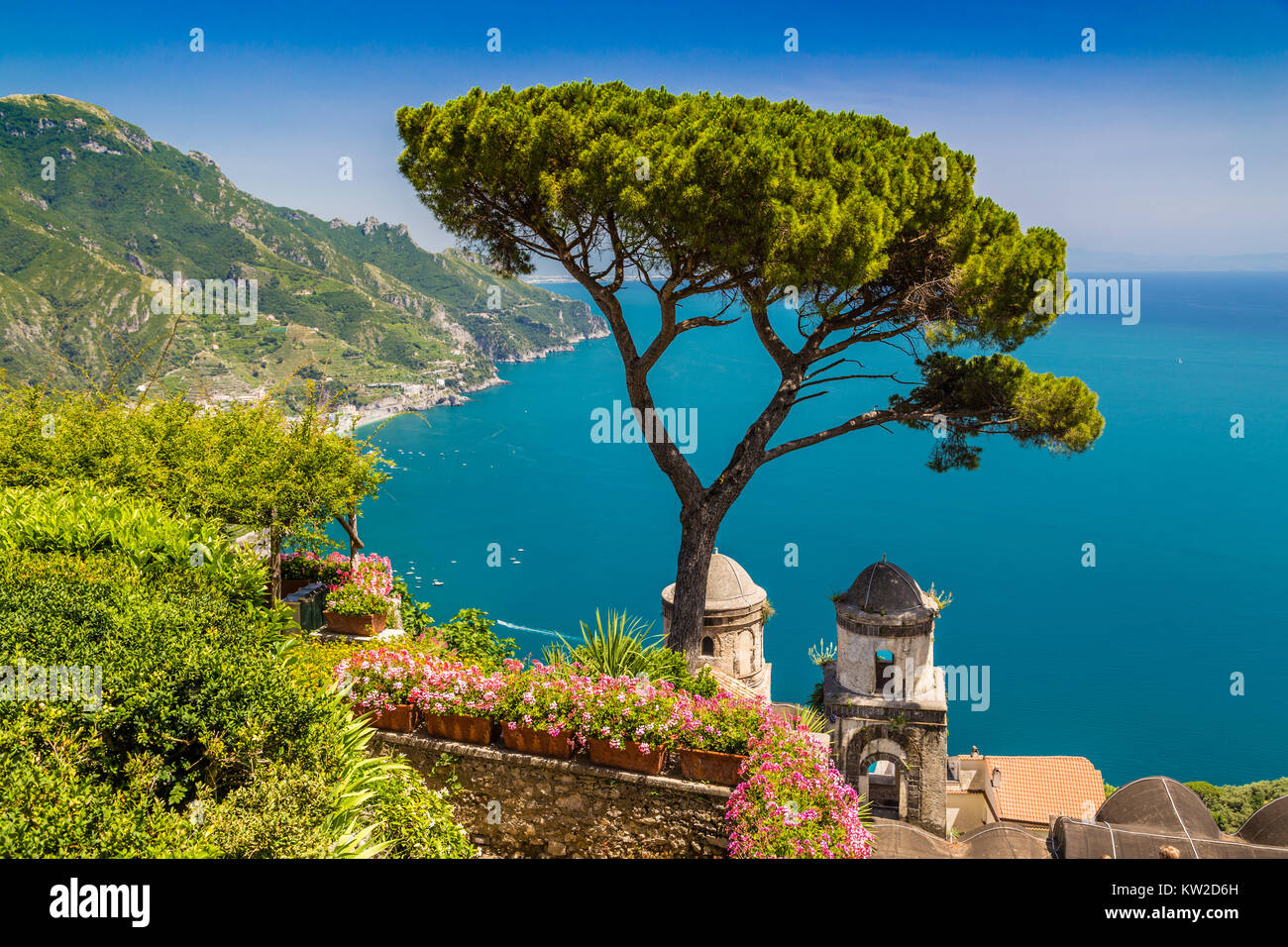 Scenic picture-postcard view of famous Amalfi Coast with Gulf of Salerno from Villa Rufolo gardens in Ravello, Campania, Italy Stock Photo