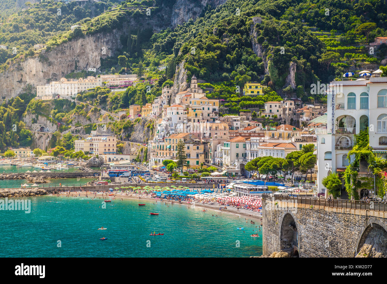 Scenic picture-postcard view of the beautiful town of Amalfi at famous Amalfi Coast with Gulf of Salerno, Campania, Italy Stock Photo