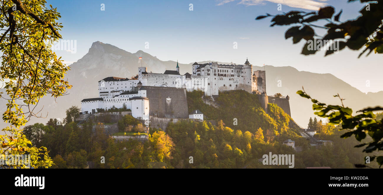 Aerial view of famous Hohensalzburg Fortress in Salzburg in beautiful evening light in fall, Salzburger Land, Austria Stock Photo