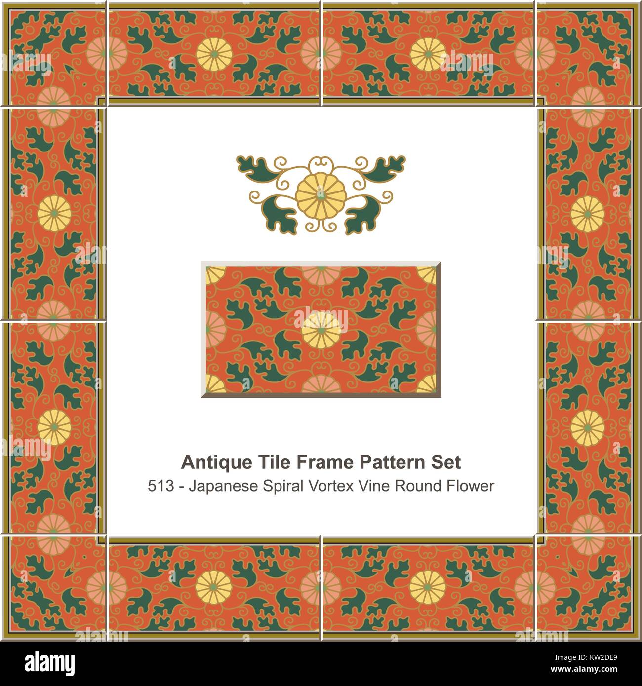 Antique tile frame pattern set Japanese Spiral Vortex Vine Round Flower