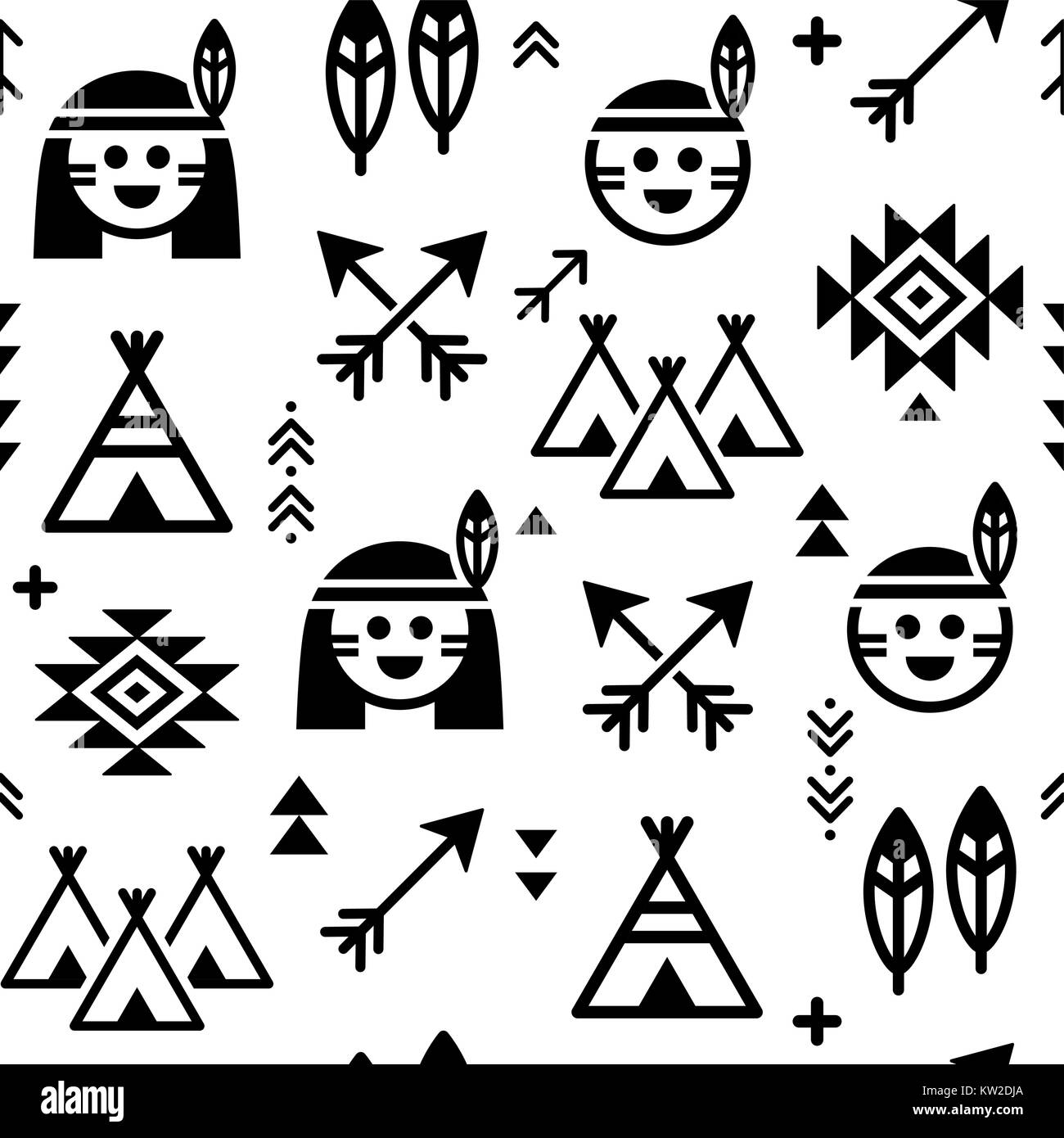 Indian vector seamless pattern for boys and girls, native American background with teepee and arrows Stock Vector