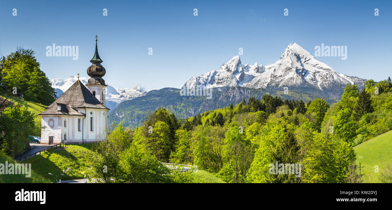 Beautiful mountain landscape in the Bavarian Alps with pilgrimage church of Maria Gern and Watzmann massif in the background, Nationalpark Berchtesgad Stock Photo