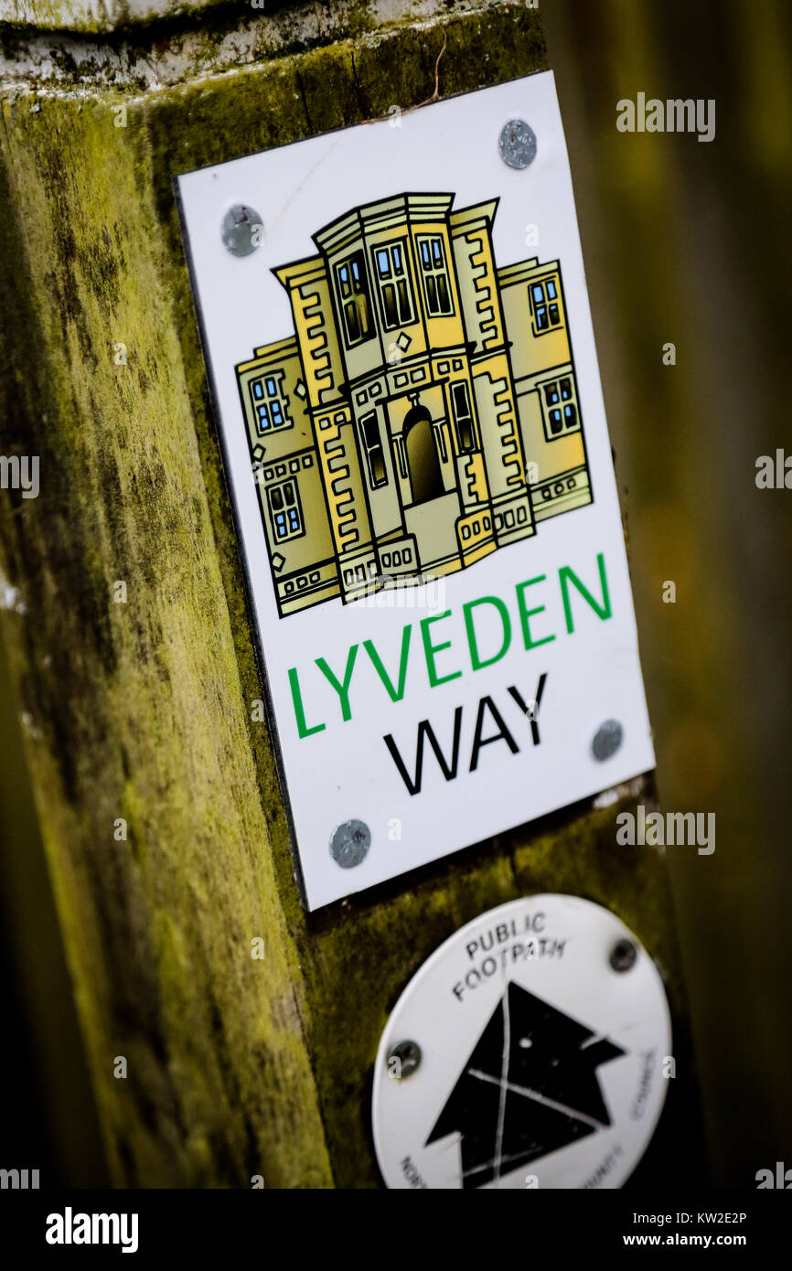 A waymarker for The Lyveden Way long distance walk Stock Photo