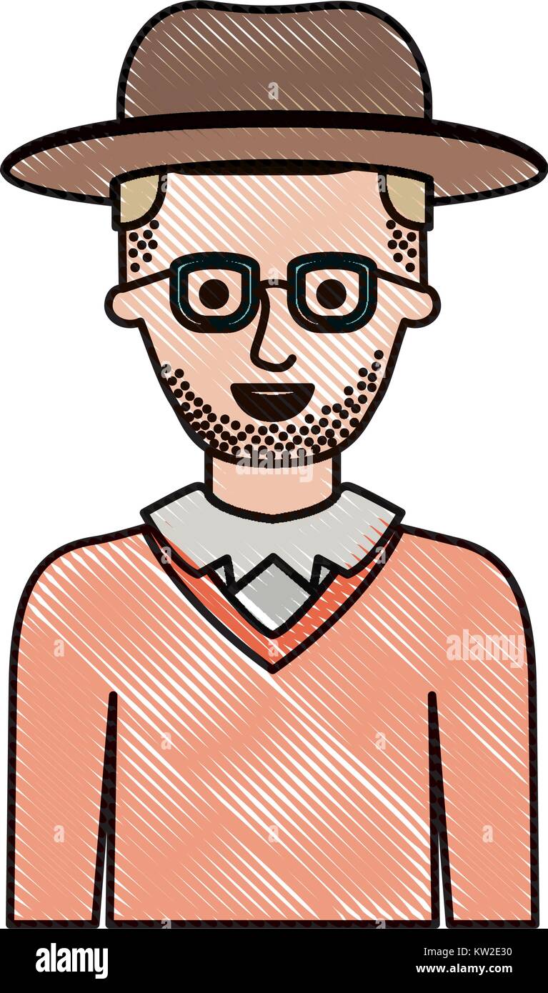 Man Half Body With Hat And Glasses And Sweater With Short Hair And