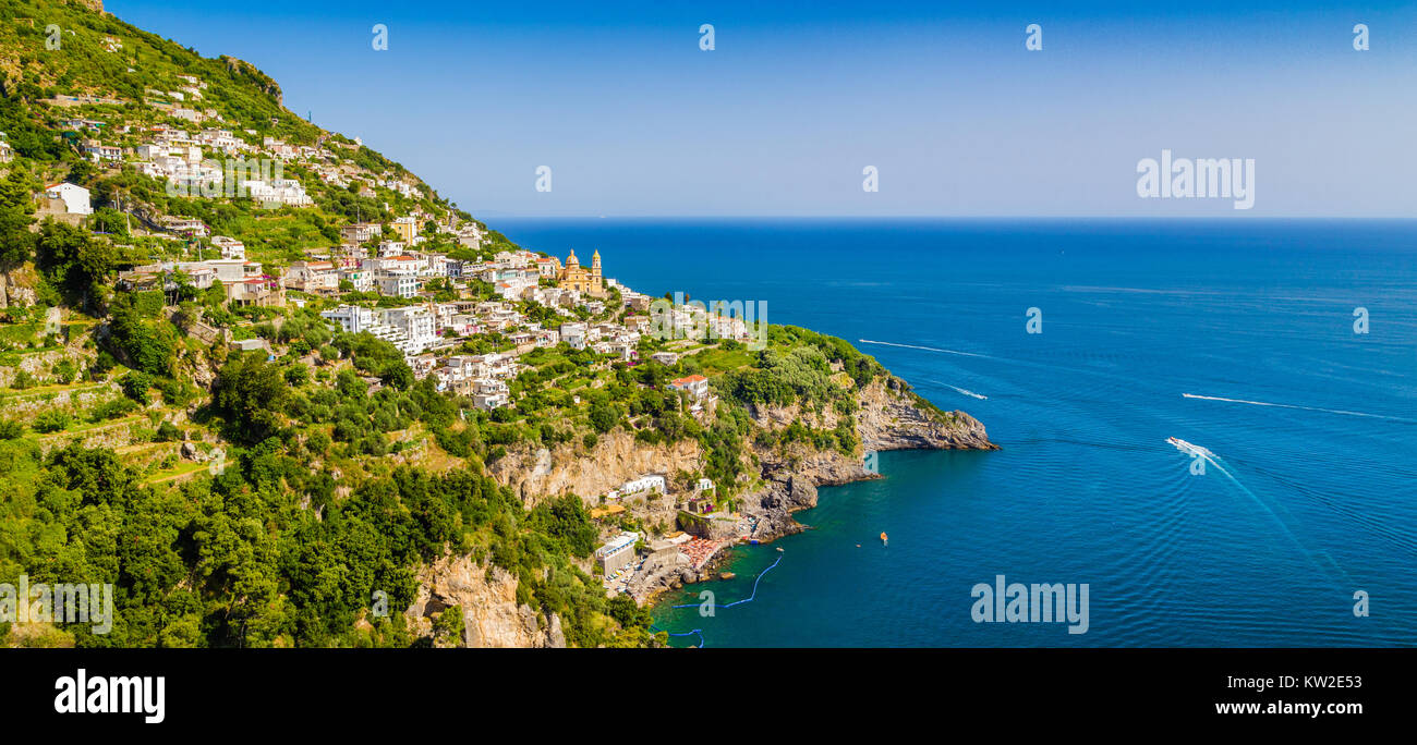 Scenic picture-postcard view of famous Amalfi Coast with Gulf of Salerno in beautiful evening light, Campania, Italy Stock Photo