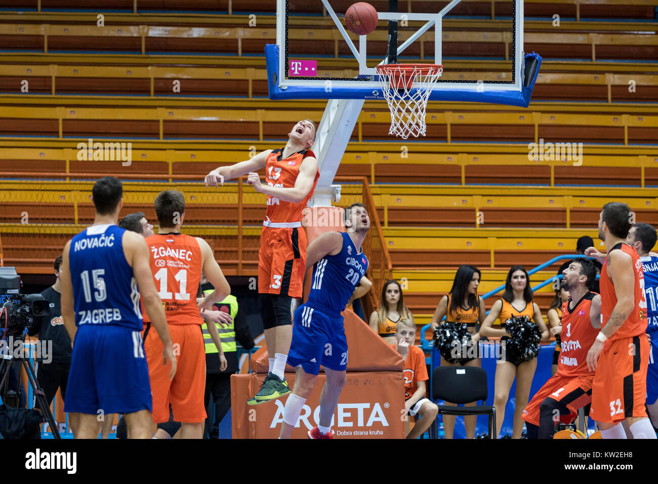 ZAGREB, CROATIA - DECEMBER 15, 2017:  HT Premijer league KK Cedevita vs. KK Cibona Zagreb. Dzanan Musa (13) and Marin Rozic (29) Stock Photo