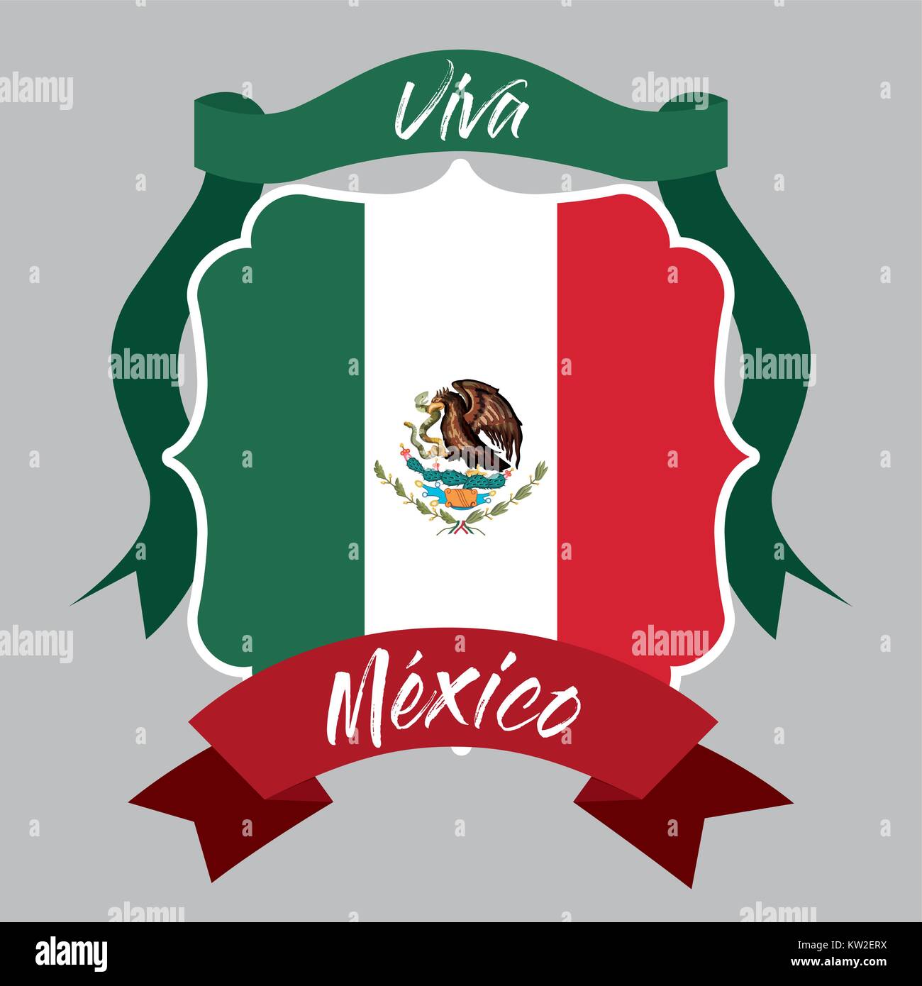 viva mexico insignia flag with decorative ribbon in colorful silhouette Stock Vector