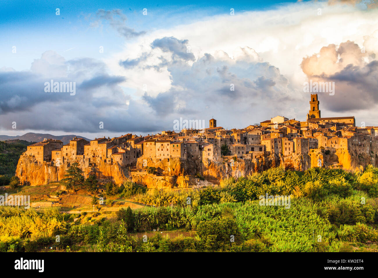 Medieval town of Pitigliano at sunset, Tuscany, Italy Stock Photo