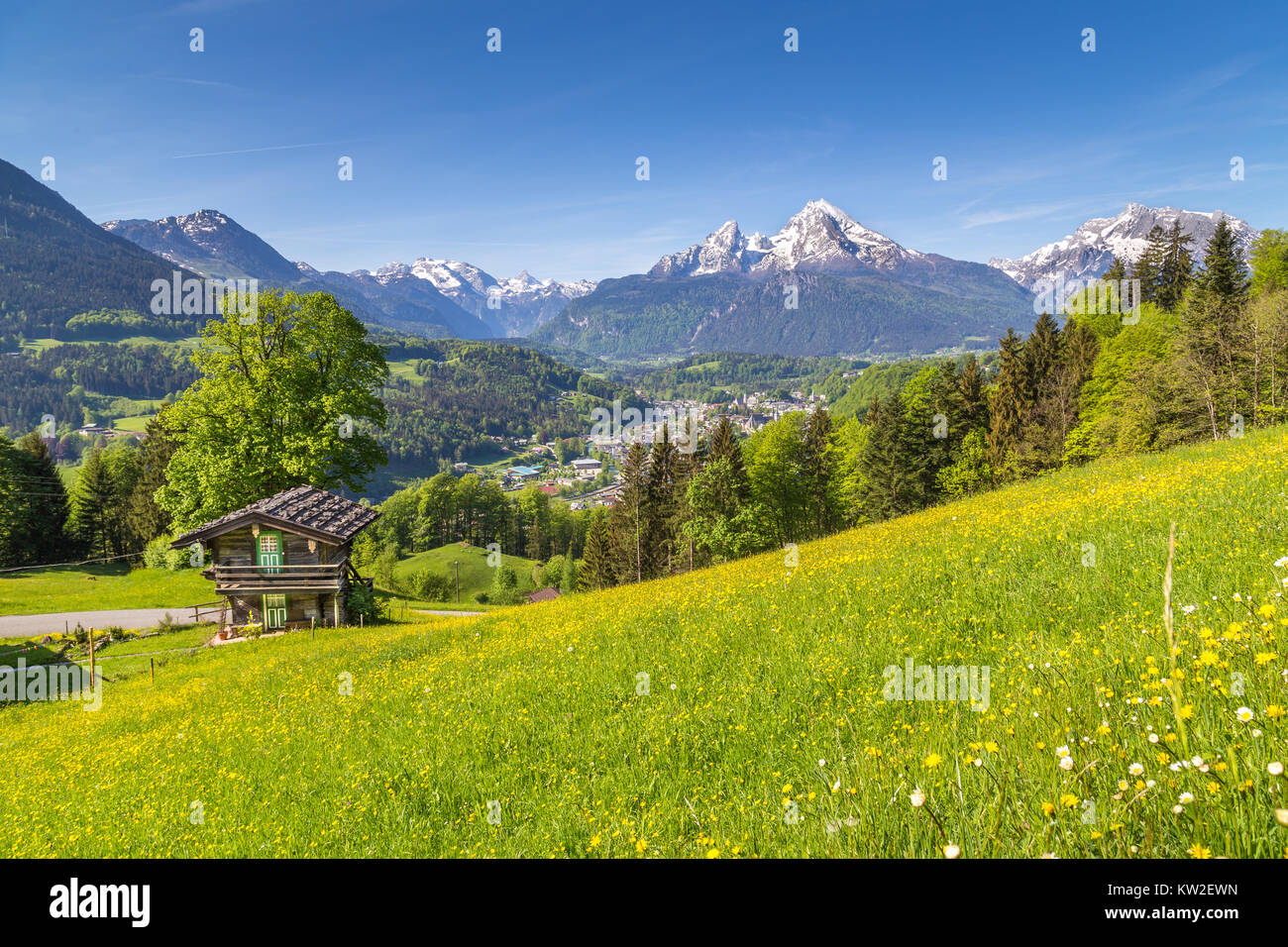 Scenic view of idyllic mountain scenery in the Alps with traditional mountain chalet and fresh green mountain pastures with blooming flowers on a sunn Stock Photo