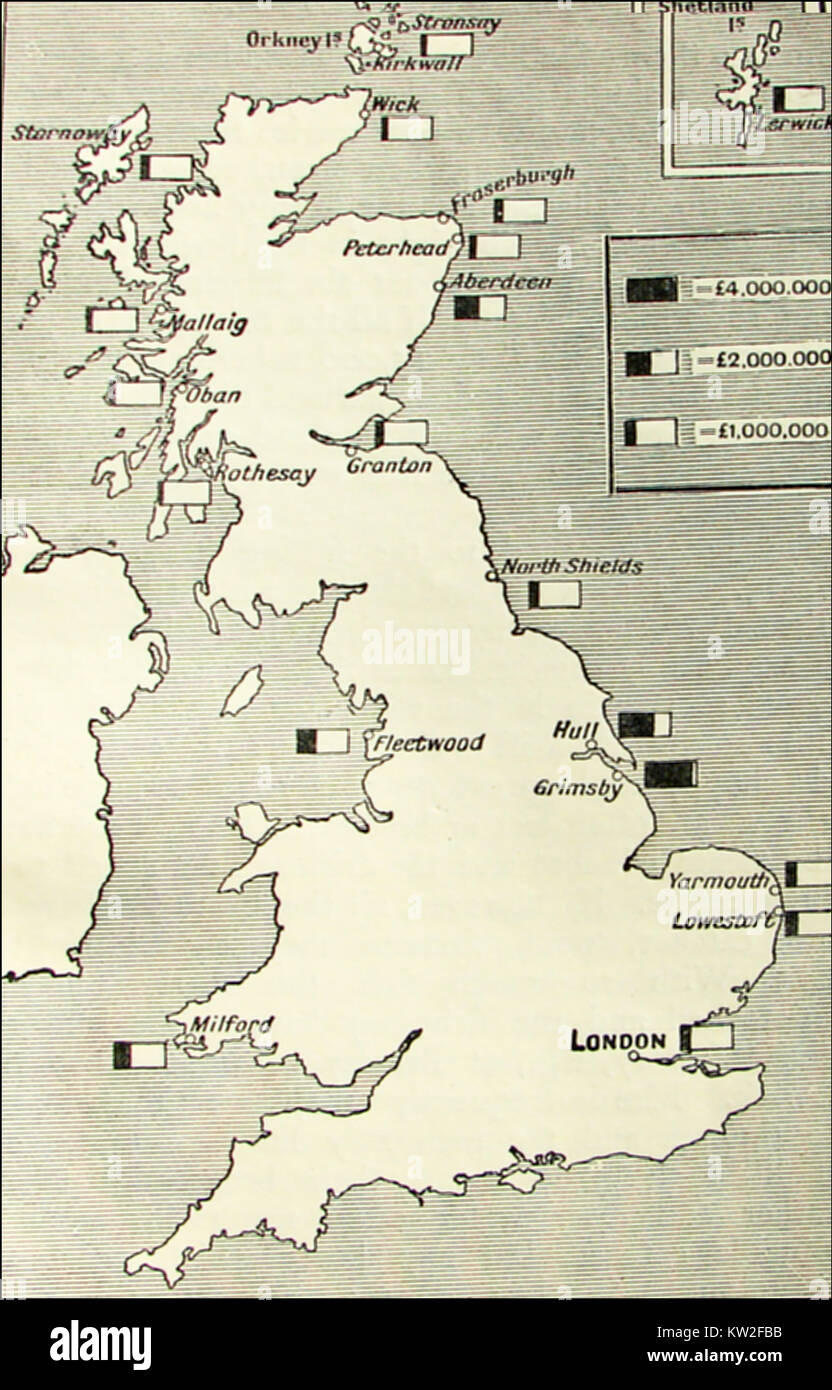 UK FISHING INDUSTRY - A map showing the highest revenue producing commercial fishing ports in Britain in 1933 Stock Photo