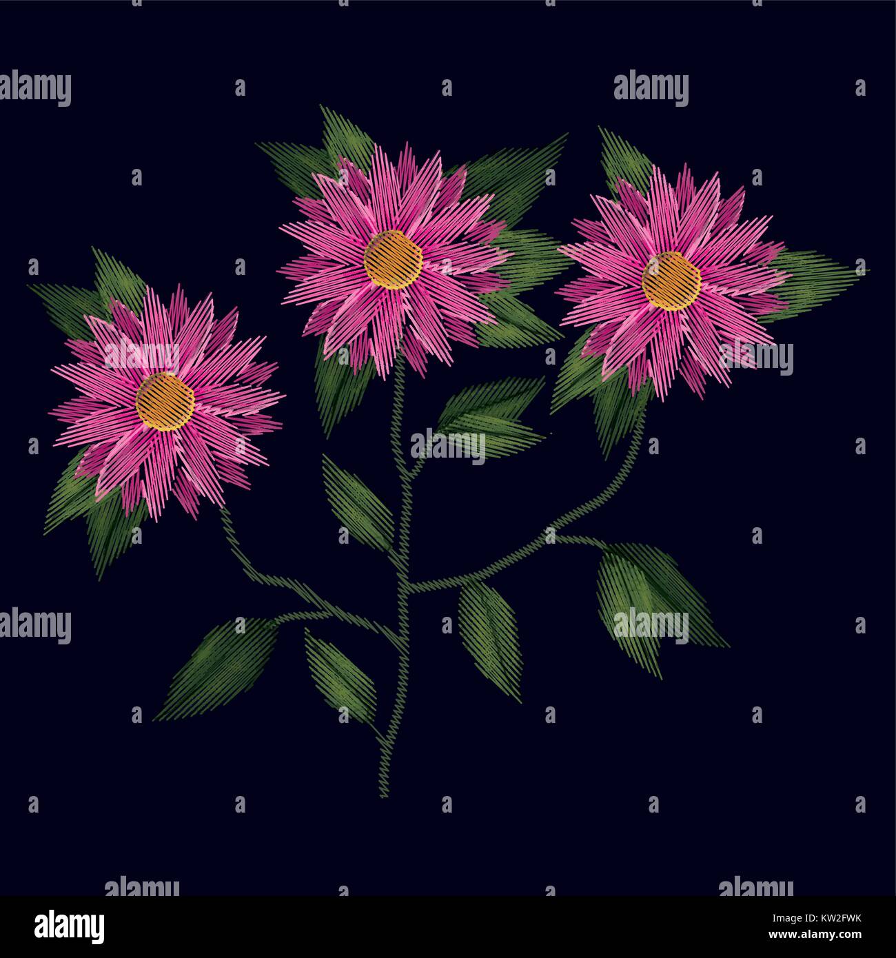 colorful chrysanthemum flowers plant set embroidery in black background