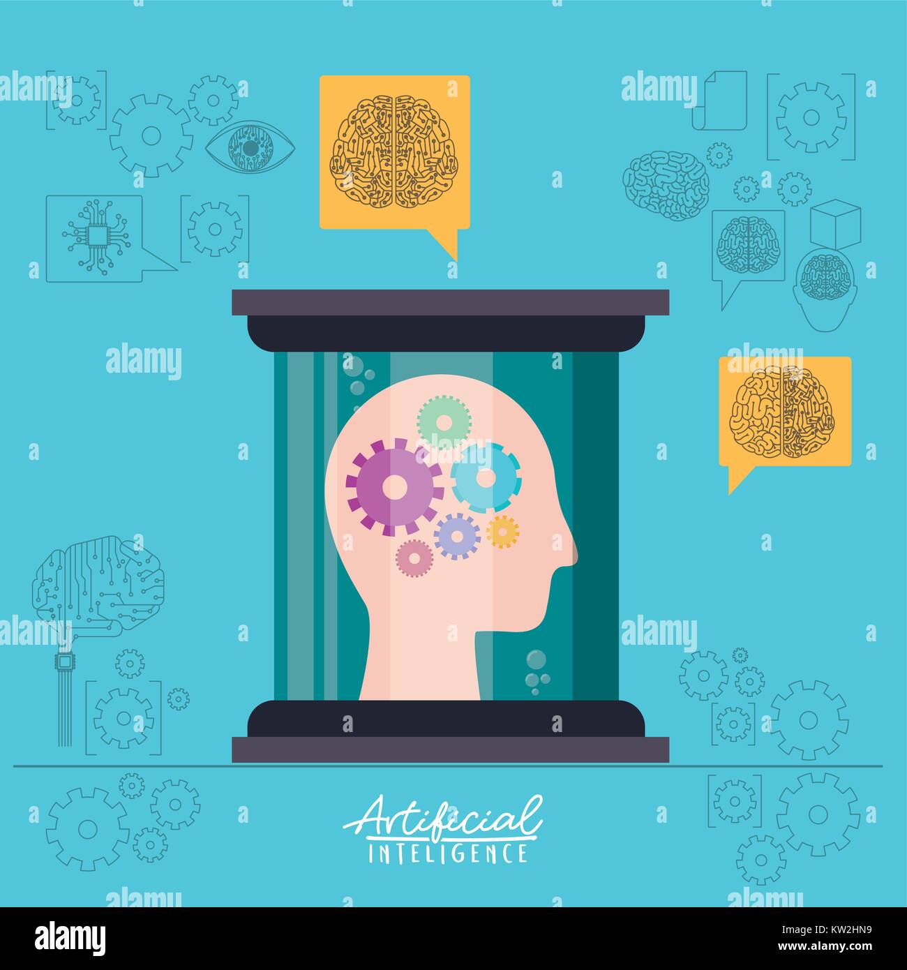 artificial intelligence poster with human head silhouette with pinions ...