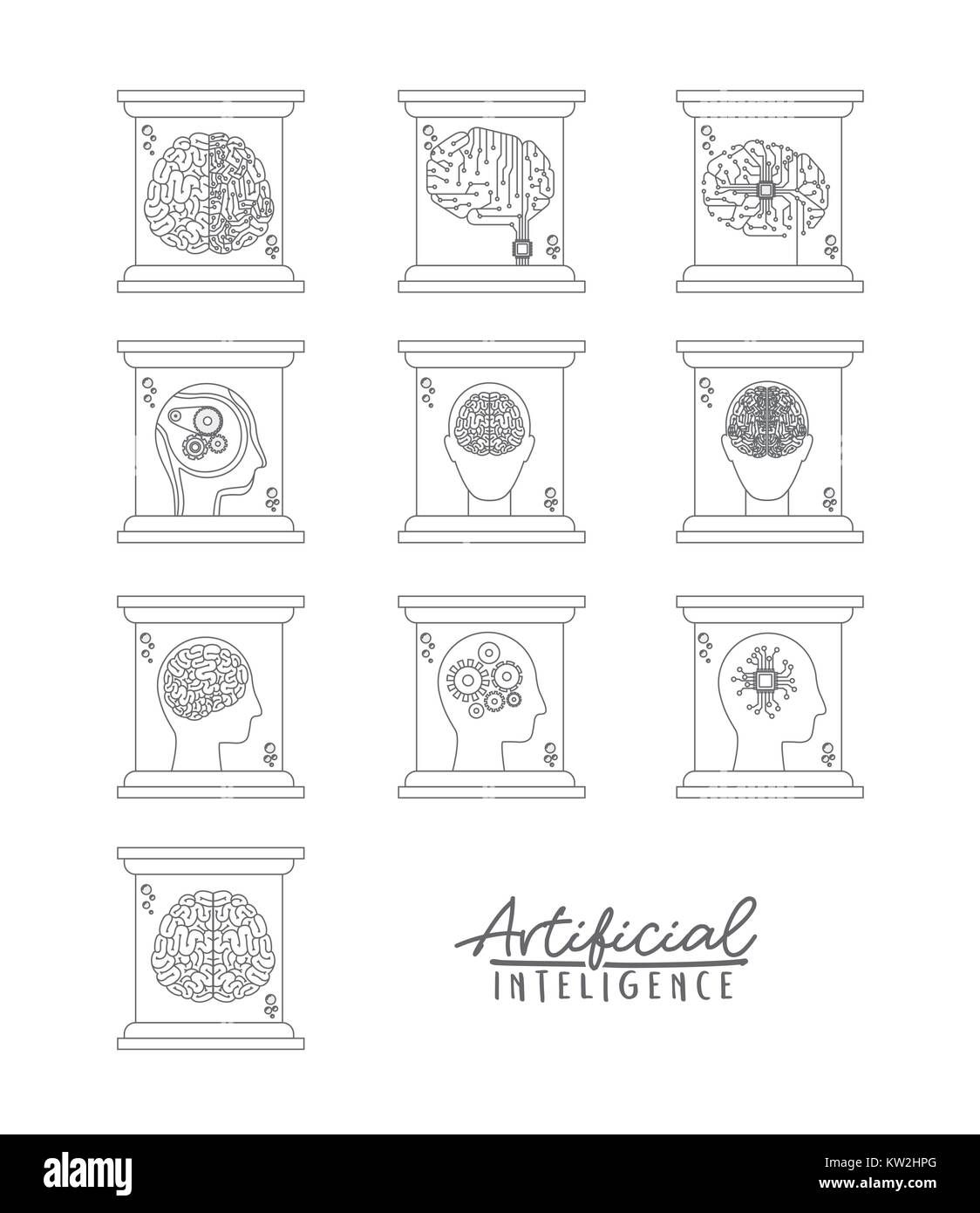 artificial intelligence containers set in monochrome silhouette Stock Vector