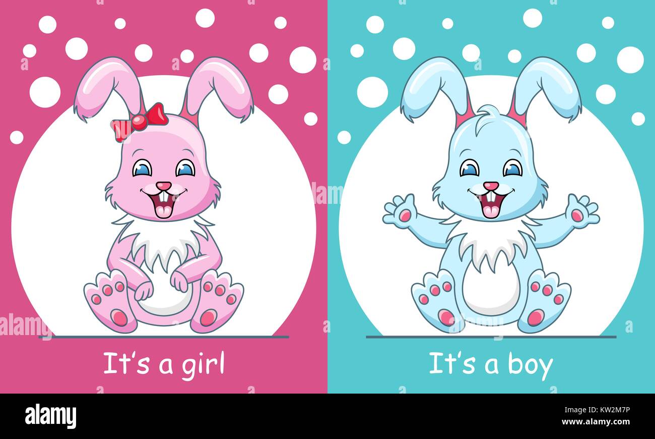 Baby Shower Greeting Card with Rabbits Boy and Girl, Smiling Children ...