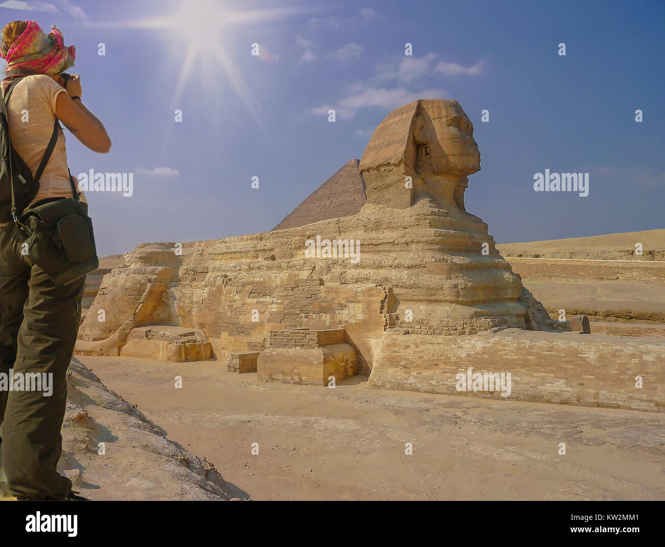 The Great Sphinx of Giza. Female photographer standing shooting the ...