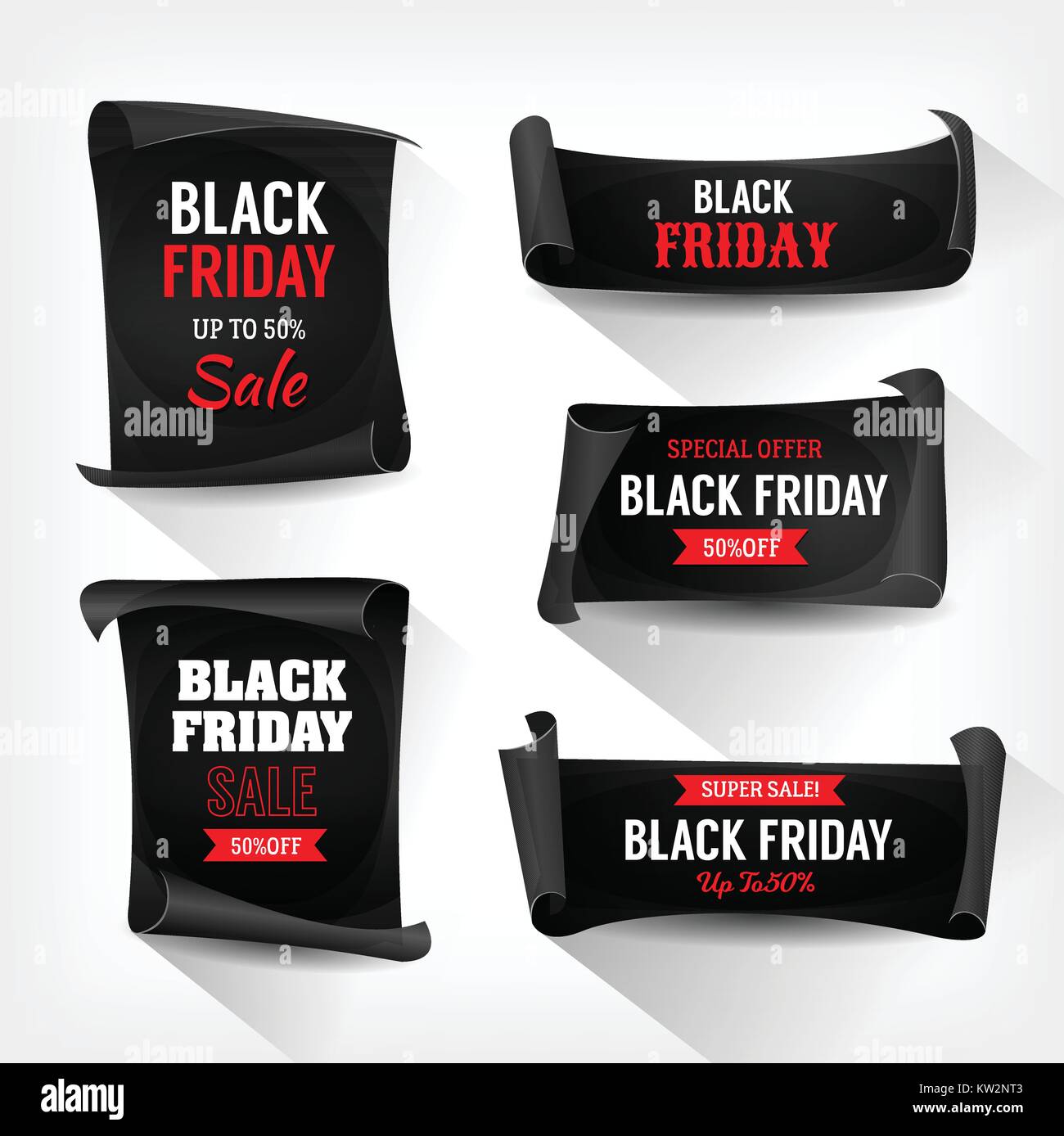 Illustration of a set of black friday sale signs, on parchment scrolls