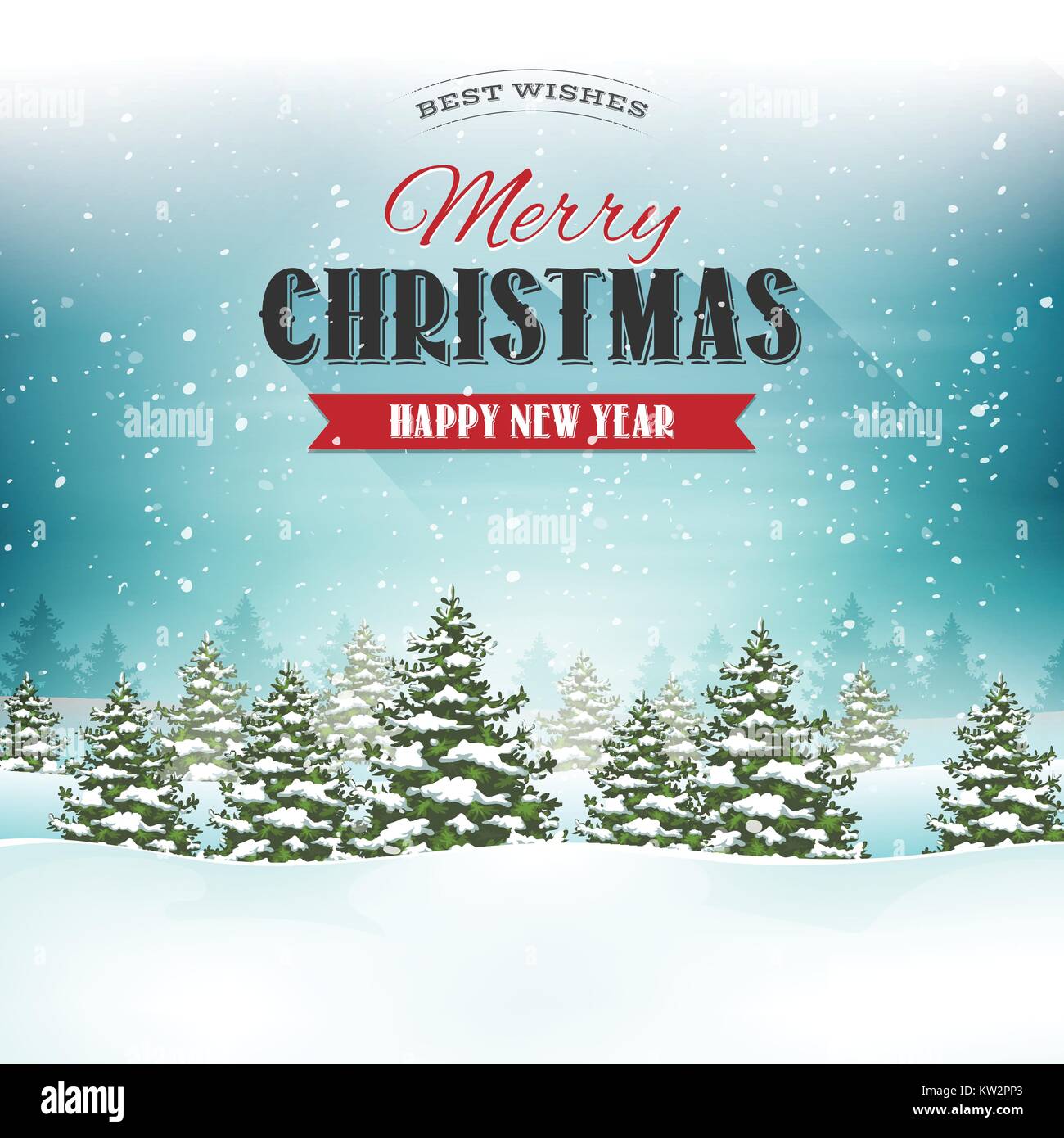 Illustration of a snowy christmas landscape background, with firs ...