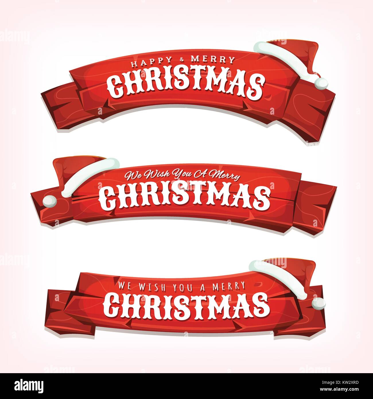 Illustration of a set of cartoon red wood banners, with merry christmas ...