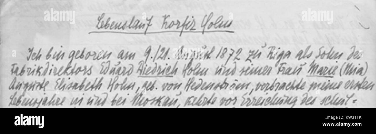 Korfiz Holm Schriftprobe is a sample of calligraphy or handwritten script, showcasing the artistic style and technique of the calligrapher Korfiz Holm. Stock Photo