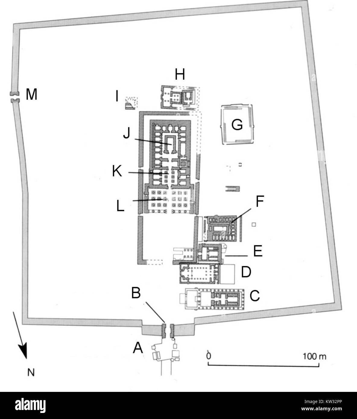 A detailed plan of the Dendera Temple Complex in Egypt, illustrating the layout and key features of this ancient religious site. Stock Photo