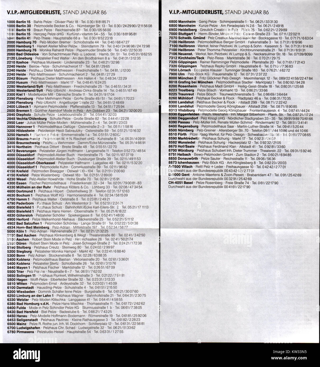 Zertifikat der Vereinigung Initiative Pelzgestaltung V.I.P, 1986, Mitgliederliste Stock Photo