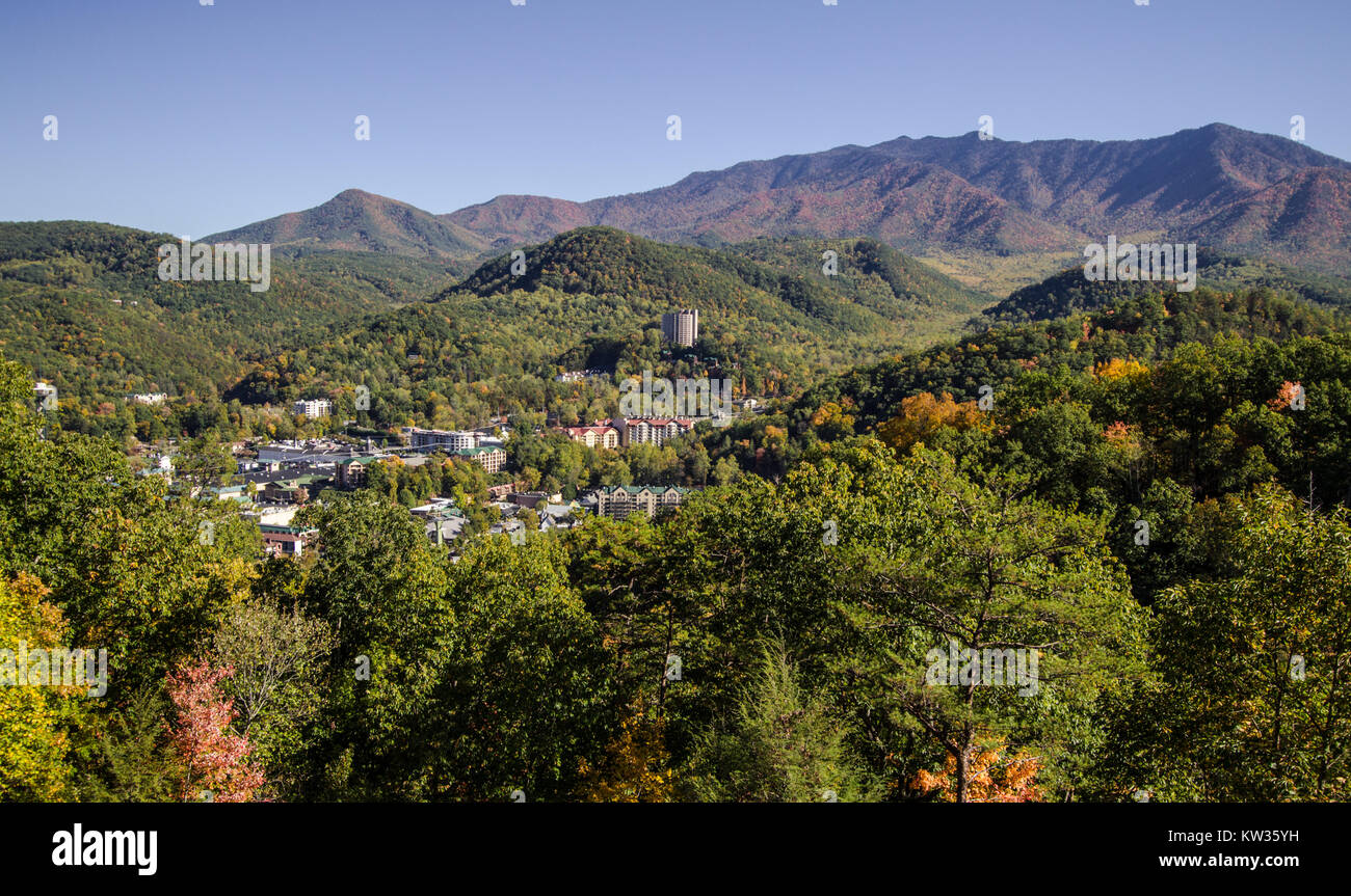 Overlook View Of Gatlinburg. View of the popular resort town of Gatlinburg Tennessee surrounded by the Great Smoky Mountains National Park. Stock Photo