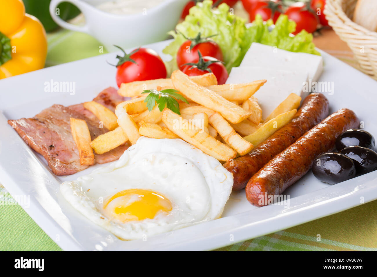 close up of continental breakfast with egg and sausage Stock Photo - Alamy